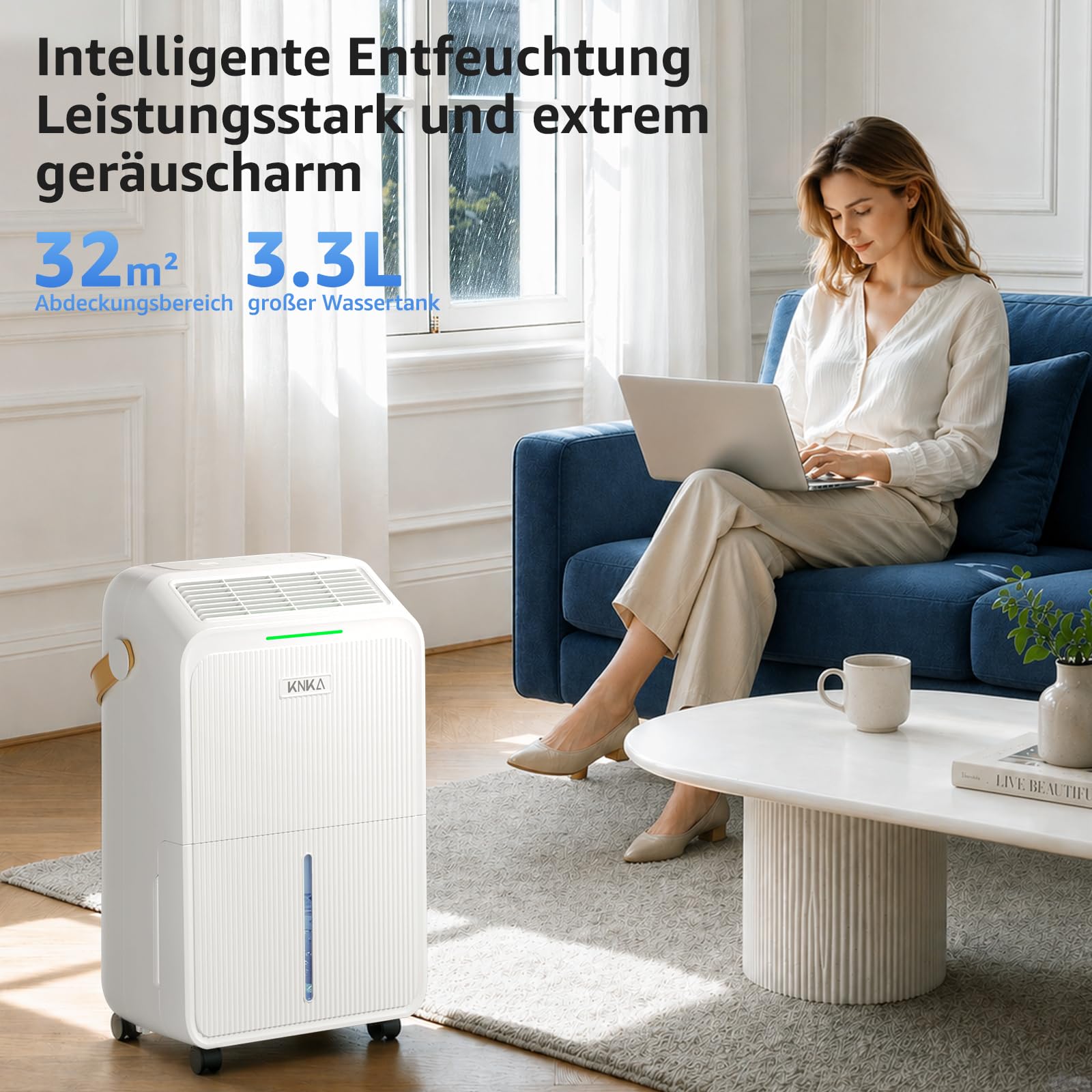 KNKA Luftentfeuchter, 16 L/T, Energiesparender Entfeuchter, Leiser Raumentfeuchter, 3,3 L Wassertank, Schlafmodus, LED-Feuchtigkeitsanzeige in Echtzeit, 100 m³ (35 m²), für Waschküche, Wohnung, Keller