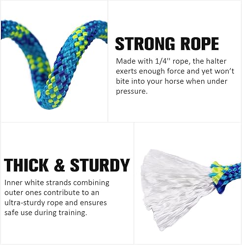 Miniatura 4 de Harrison Howard Cabestro de cuerda para caballos súper resistente cuerda de caballo con 2 nudos de 14 pulgadas de cordón halter rígido estándar azul