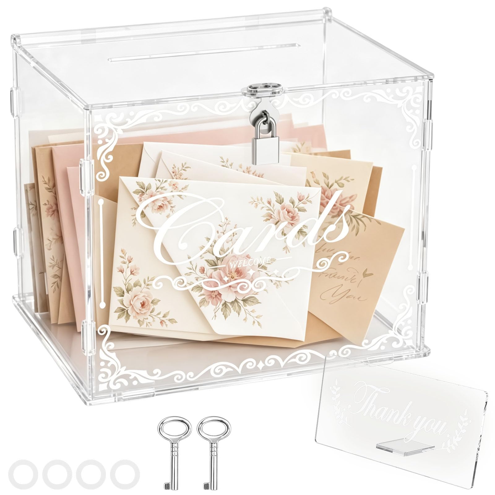 LOUJINGREO Wedding Card Box, Acrylic Clear Wedding Post Box,Gift Boxs Envelope Boxs with Lock and Slot for Bridal Reception Birthday, Anniversary, Graduation Decorations, Baby Shower