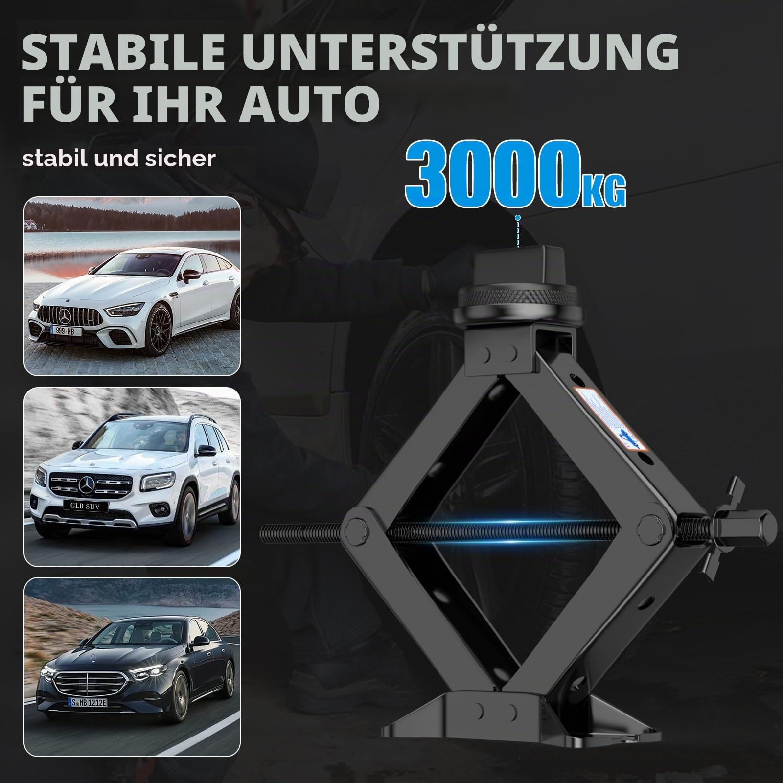 Scherenwagenheber 3T für Mercedes-Benz, Verstärkter Stahl Wagenheber mit Ratsche & kratzfester Gummiauflage Schützt Auto, Tragbarer Wagenheber Auto-Notfallset für Mercedes Benz Serie
