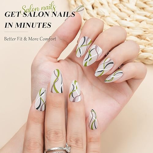 Miniatura 2 de Uñas postizas a presión de almendra, medianas con diseños, uñas acrílicas, uñas postizas naturales y reutilizables con pegamento, uñas adhesivas