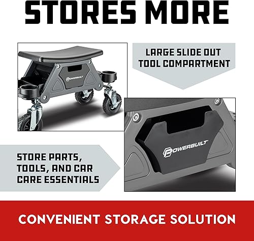 Miniatura 5 de Powerbuilt Asiento rodante Big Wheel, serie todoterreno, bloqueado en bandejas de herramientas, ruedas resistentes para grava y rocas, color gris