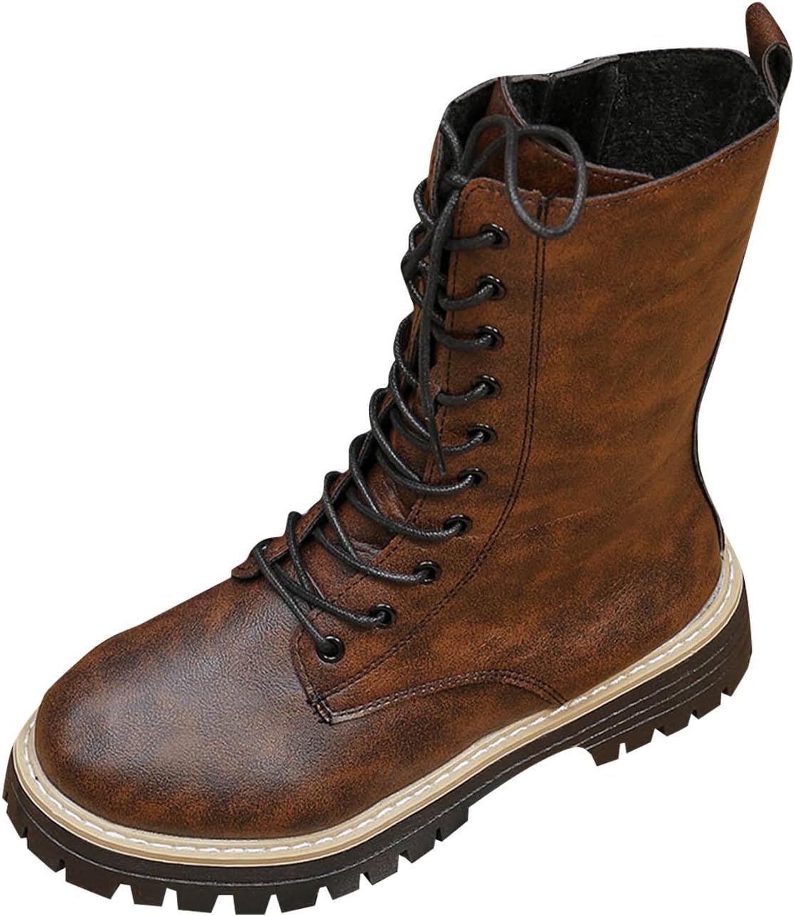 Womens Lace Up Riding Boots, Mid Calf Combat Boots With Side Zipper Waterproof PU Leather Punk Goth Style Fashion Shoes