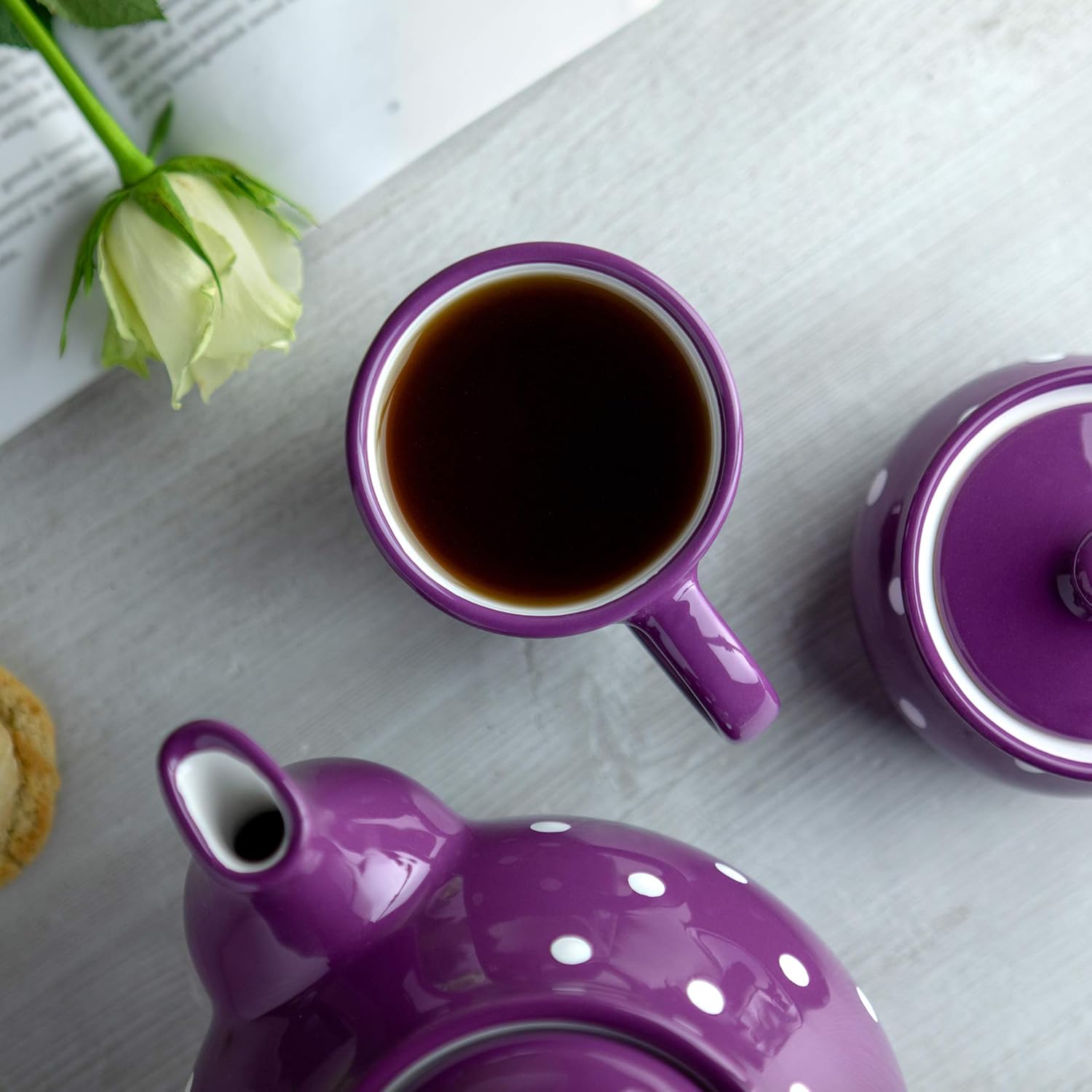 City to Cottage Handmade Purple and White Polka Dot Ceramic Coffee, Tea, Latte Mug, Cup with Large Handle, Unique 7 oz / 200ml Designer Pottery Gift for Tea Lovers - Image 3