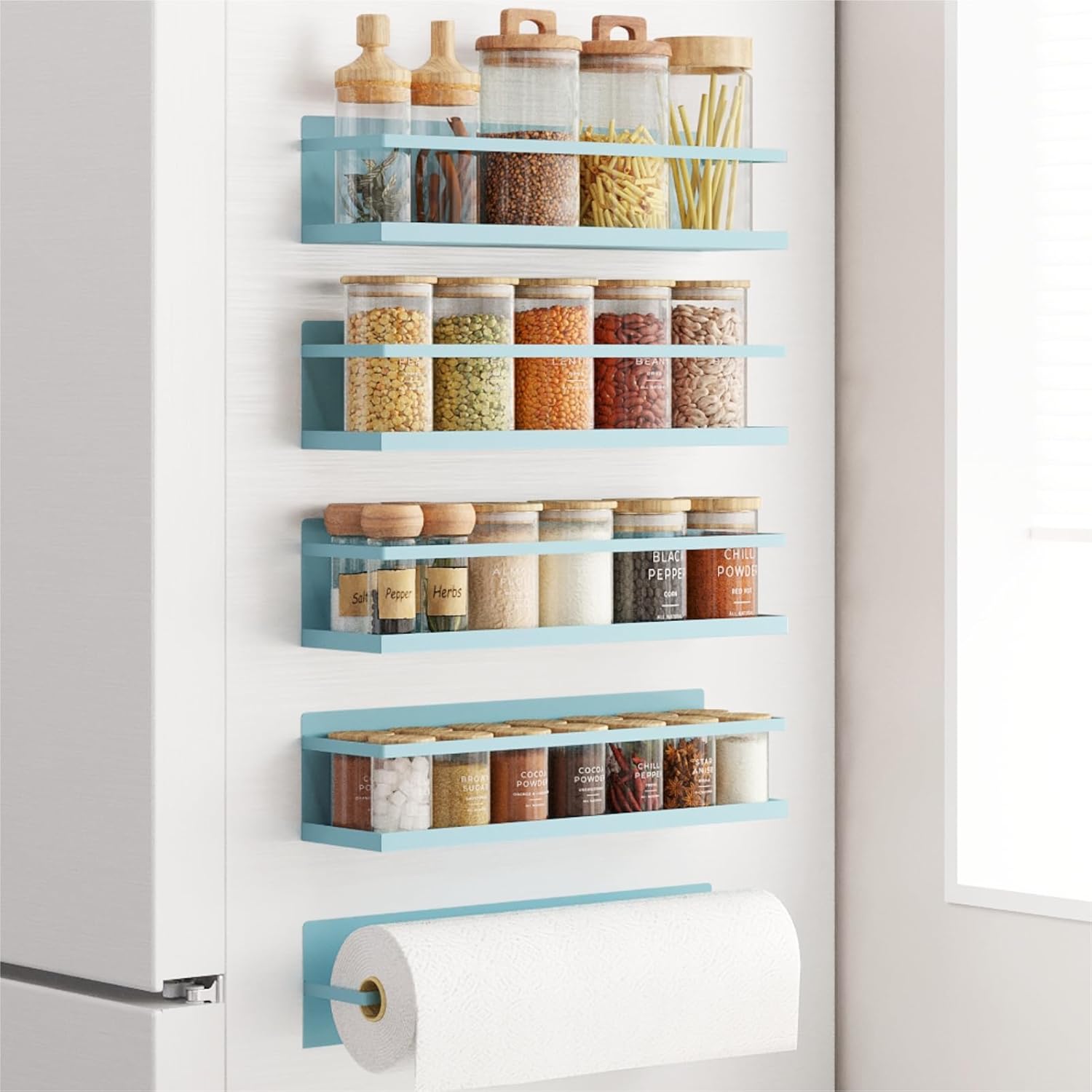 Magnetic Spice Rack For Refrigerator, Space Saving Magnetic Shelf For Fridge Blue 4 Pack With Magnetic Paper Towel Holder - Image 6
