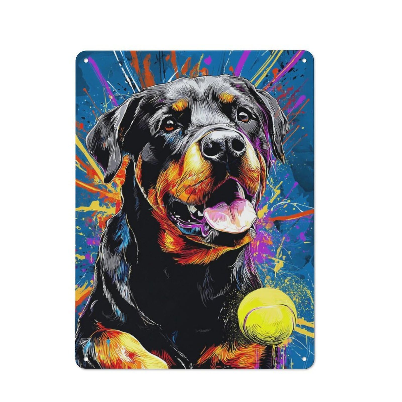 Junmoney Colorful Rottweiler With Tennis Ball Classic Metal Wall Decor 40X30cm, Decorative Tin Plaque For Cafe, Pub, Workshop Or Home Bar