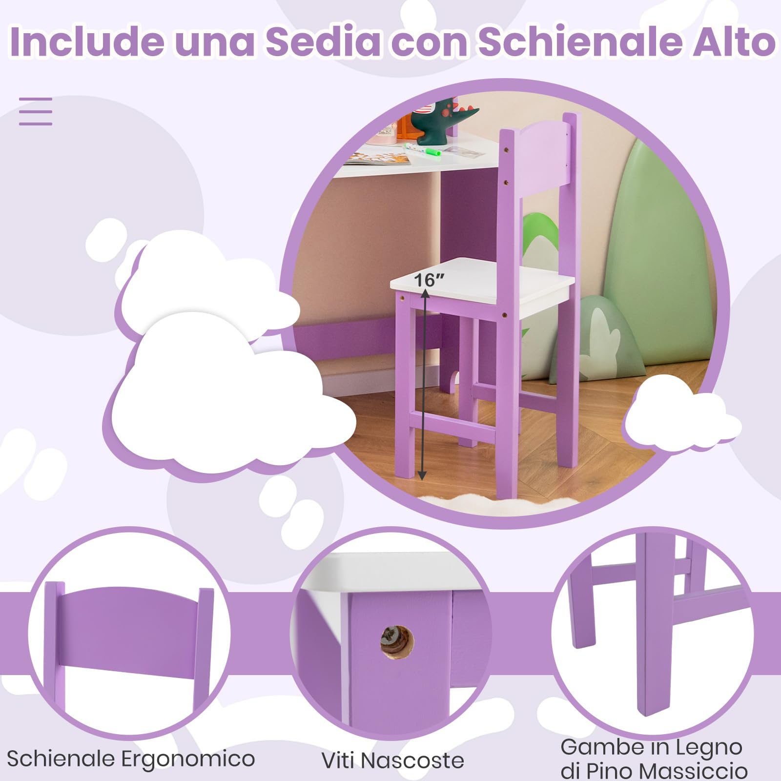 RELAX4LIFE Scrivania per Bambini con Sedia, Tavolo in Legno con Libreria, Armadietto, Pennarello, Bacheca e Lavagna, Postazione Computer per Studenti e Tavolo da Scrittura per 3+ Anni (Viola)