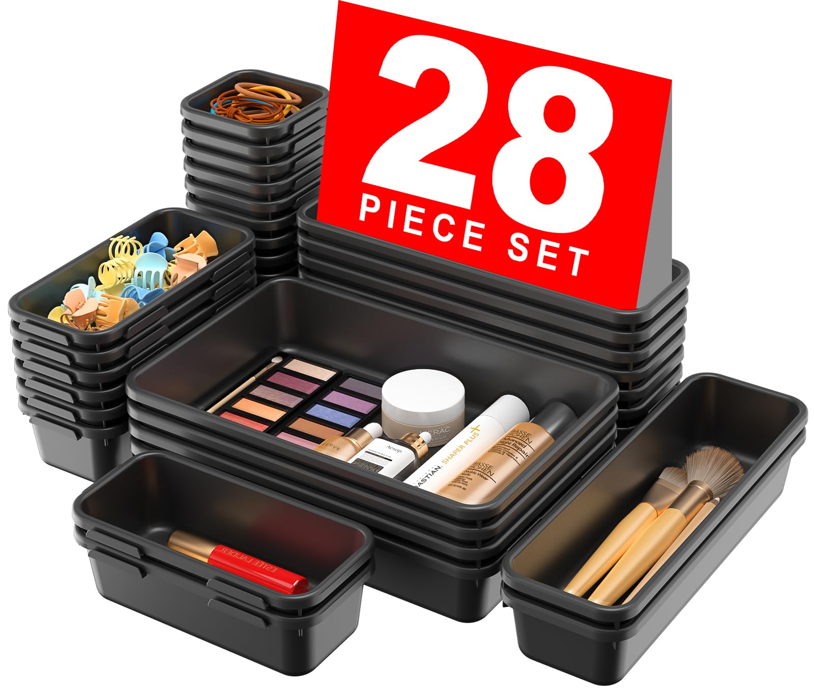 A-LuGei ?28PCS? Drawer Organizer, Bathroom Organizers and Storage, Makeup organizer, Desk drawer organizer, Storage Bins for Kitchen Office Bedroom Vanity Jewelry Pantry Garage?Black??4Size?