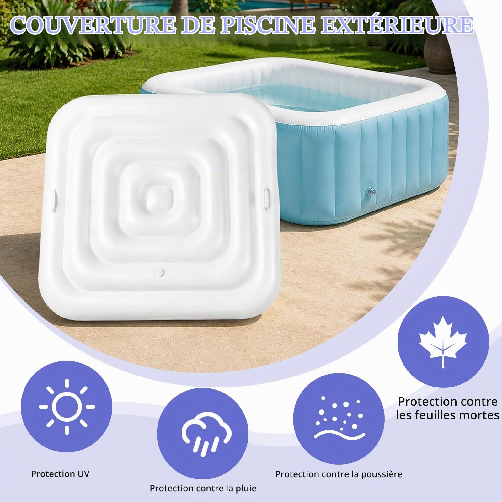 Couverture Gonflable Spa avec Poignées (Blanc, 130CM, Carrée)