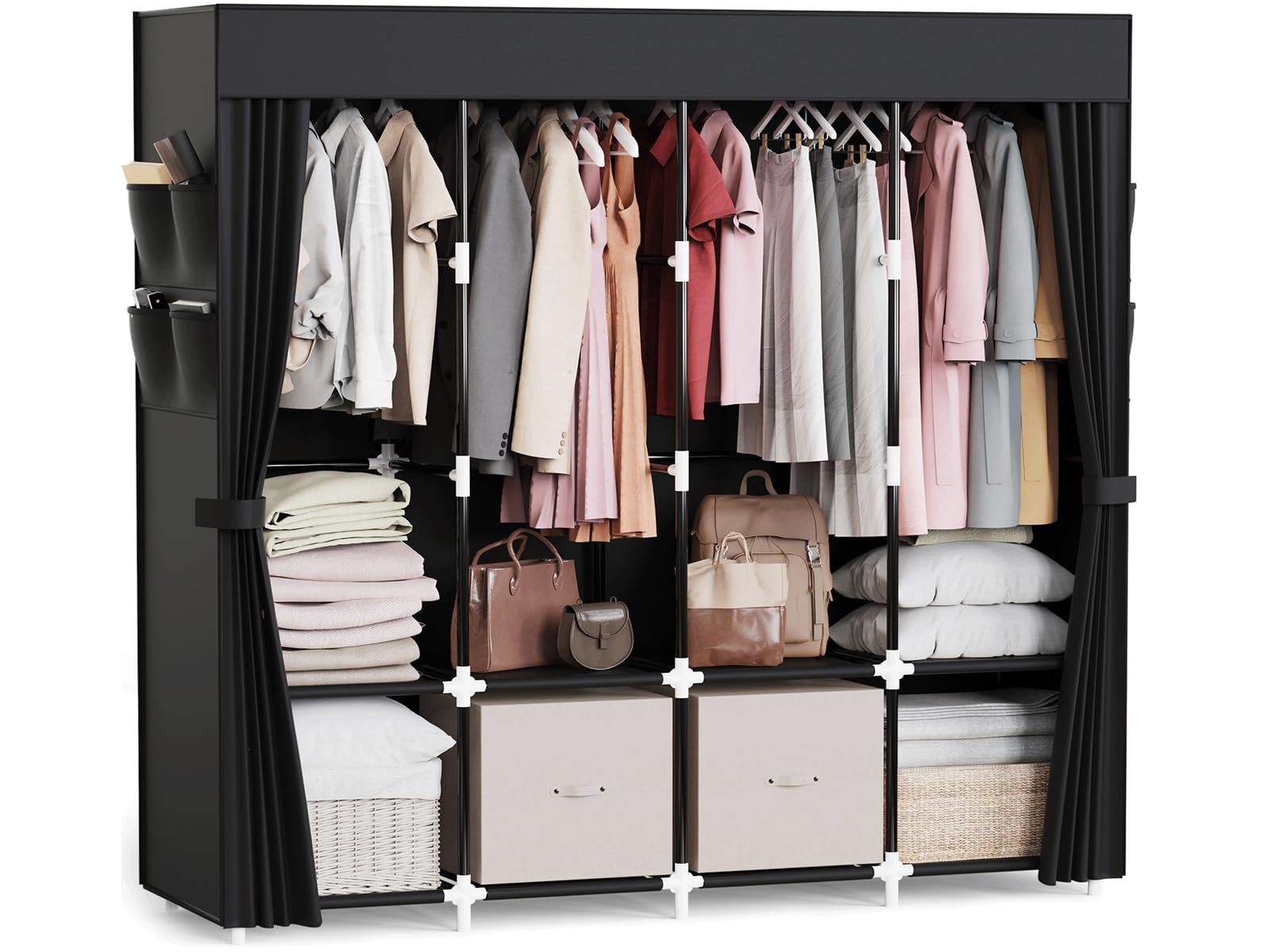 Mavivegue Wardrobe Closet with 4 Hanging Rods, Portable Closet Wardrobe, Non-Woven Fabric Cover, Closet Organizers for Bedroom and Living Room,Black