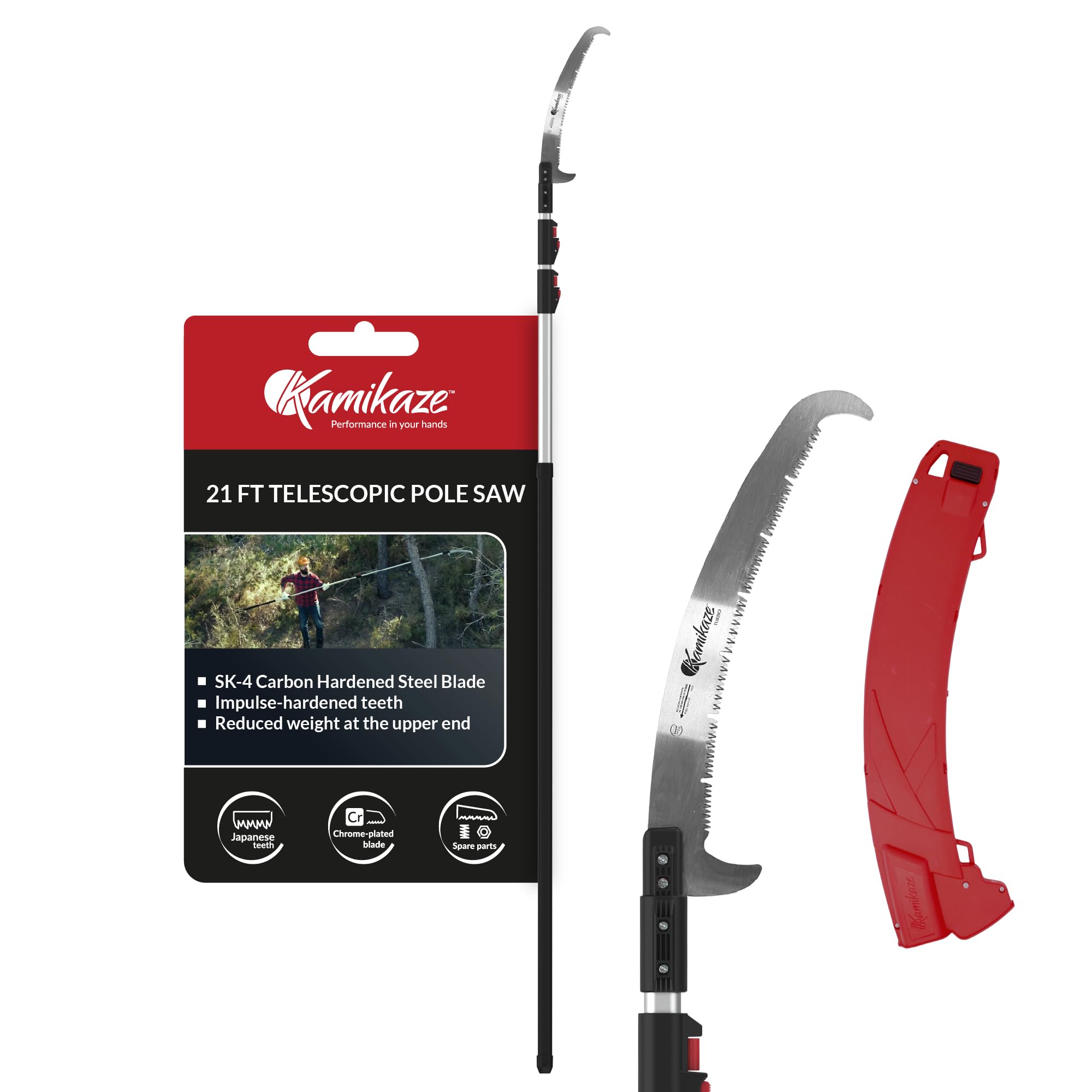 Kamikaze 21FT Extendable Pole Saw for Tree Trimming, Telescopic Tree Pruner with Precision Japanese Tooth Design, 1.5mm Thick Blade, Double Hook Branch Cutter, Long Reach Pruning Saw. Manual Pole Saw