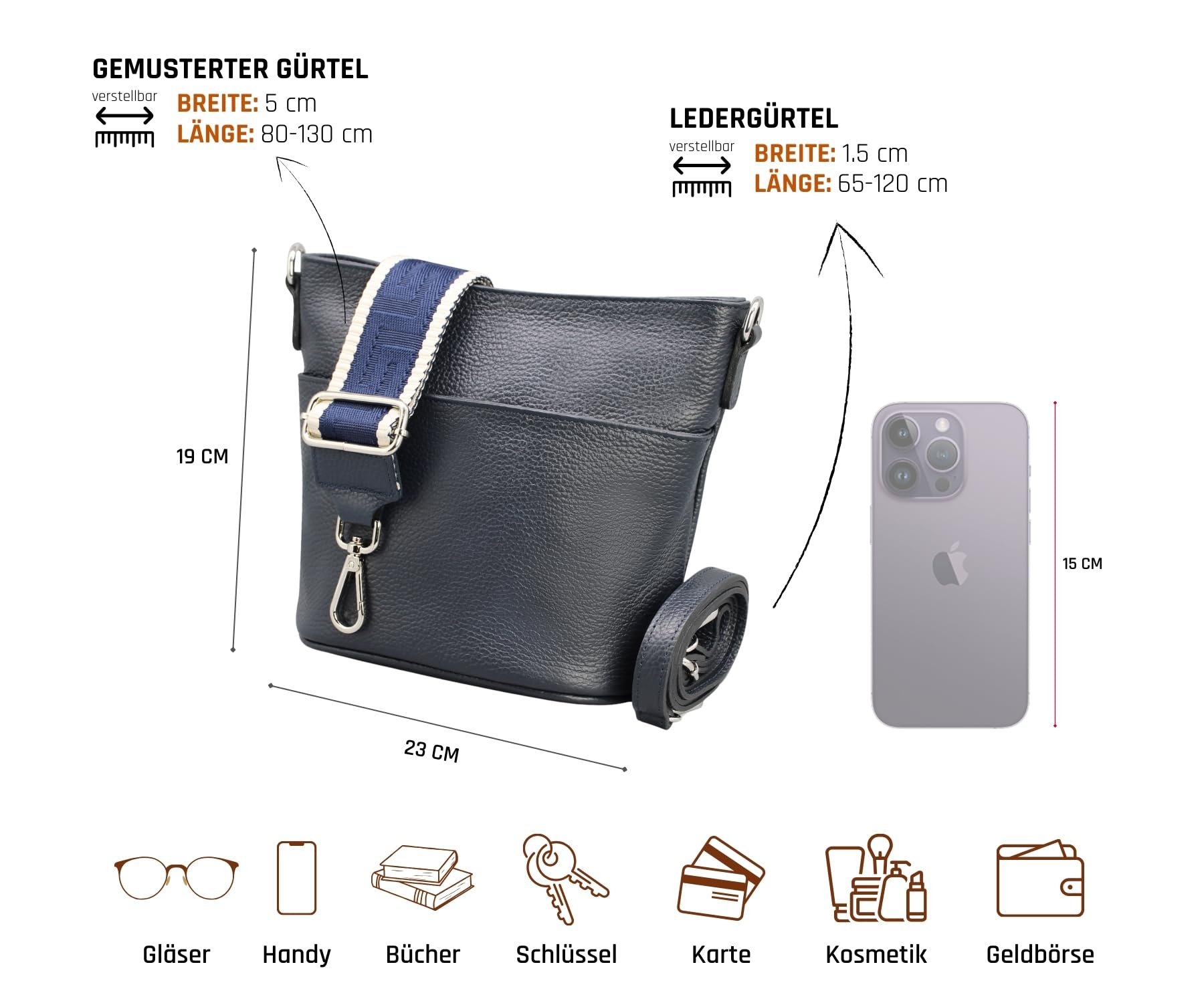 Adel Bags Damska torba na ramię z prawdziwej skóry LINA ręcznie wykonana torba Crossbody Bag 4 przegródki, torba na ramię ze skórzanym paskiem + szeroki pasek ze wzorem, wodoszczelna, stylowa Made in