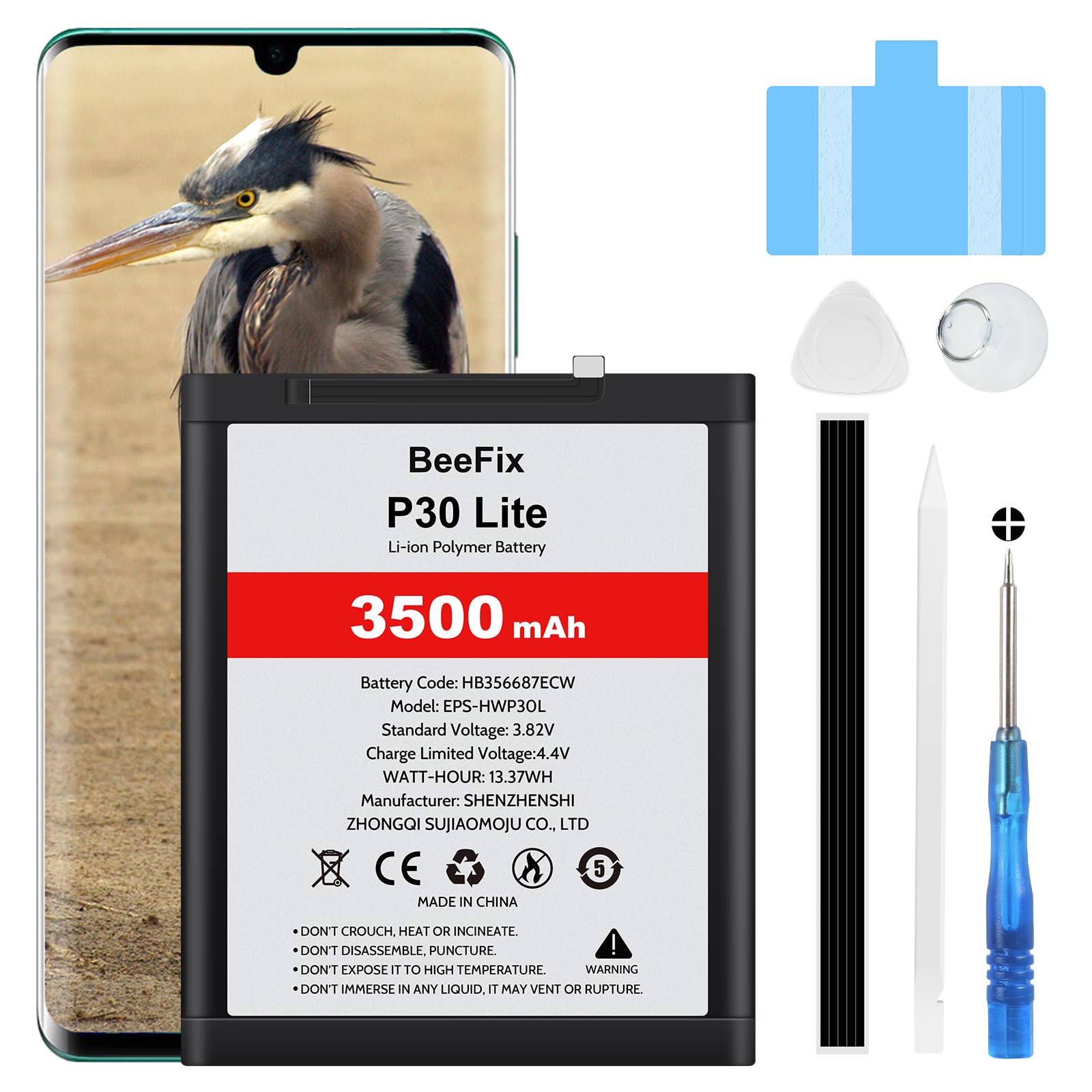 Batterie compatible avec P30 Lite/Mate10 Lite (HB356687ECW), batterie de rechange haute capacité Li-ion polymère 3500 mAh avec kit de réparation