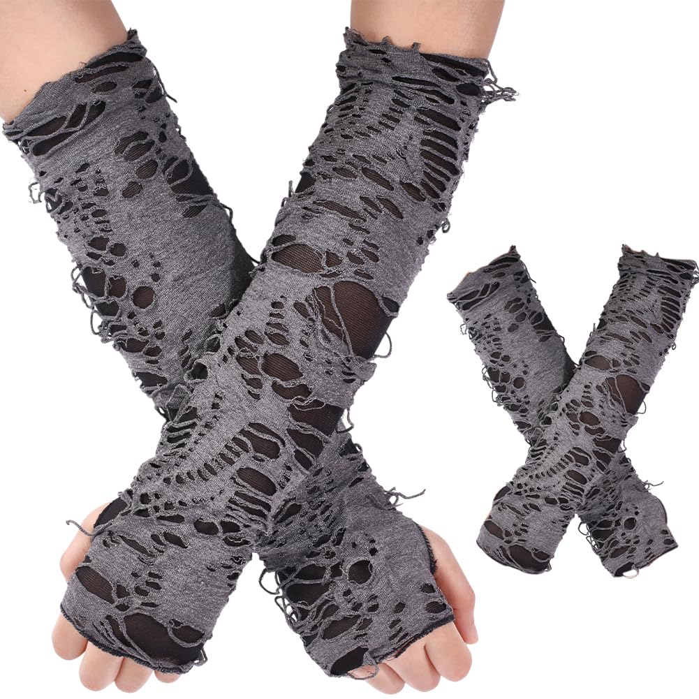 HOBBIESAY 2 Pair Punk Fingerless Gloves Warmers with Broken Slit Broken Slit Warmers Ripped Gothic Gloves Ripped Gothic Design for Halloween Costume, Goth Rock Cosplay for Women or Men — image 1