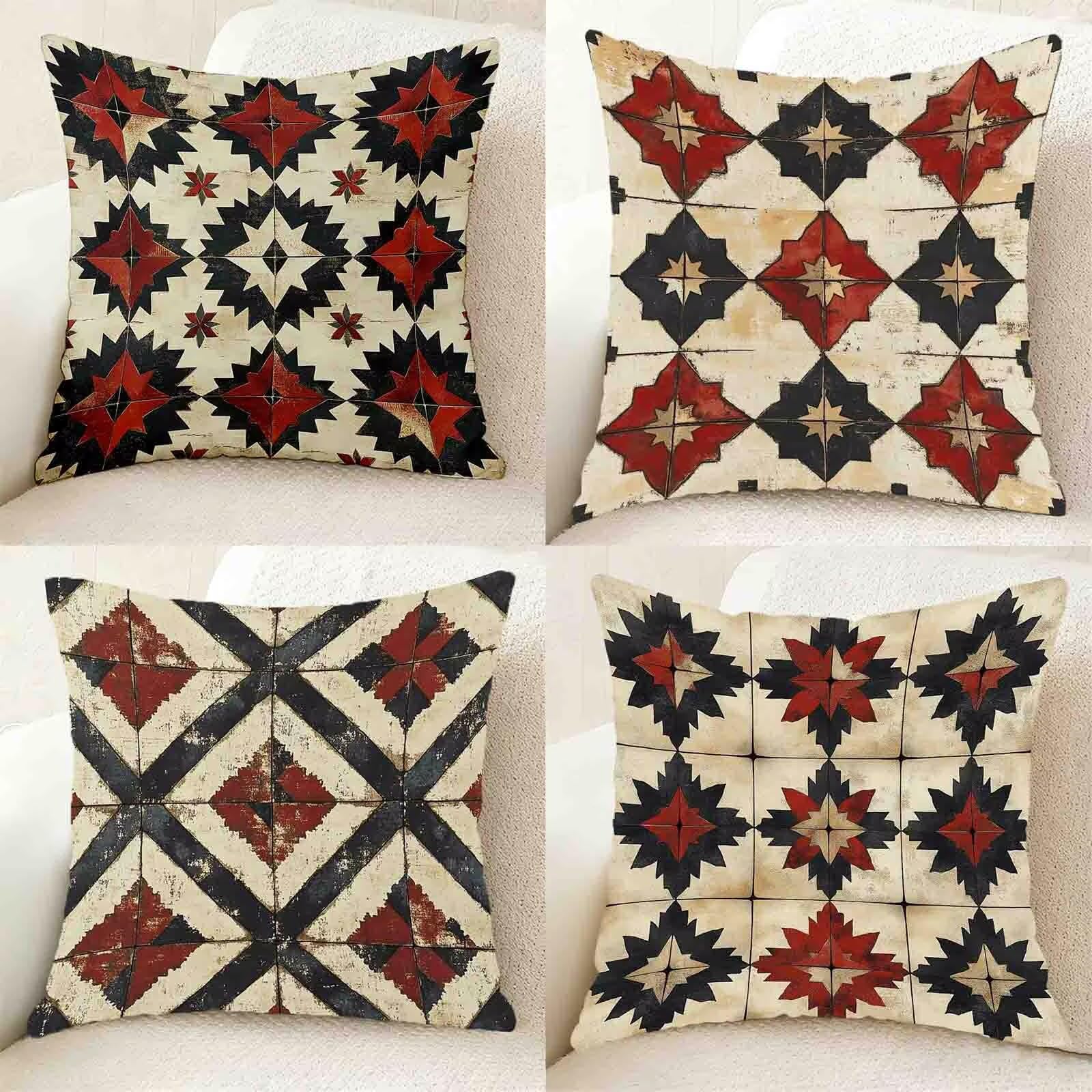 Czerwona poszewka na poduszkę 75 x 75, zestaw 4 szt., wodoszczelna, lniana poszewka na poduszkę, grafika, na sofę, kwadratowa poduszka dekoracyjna do pokoju, dekoracja salonu, na prezent, z ukrytym