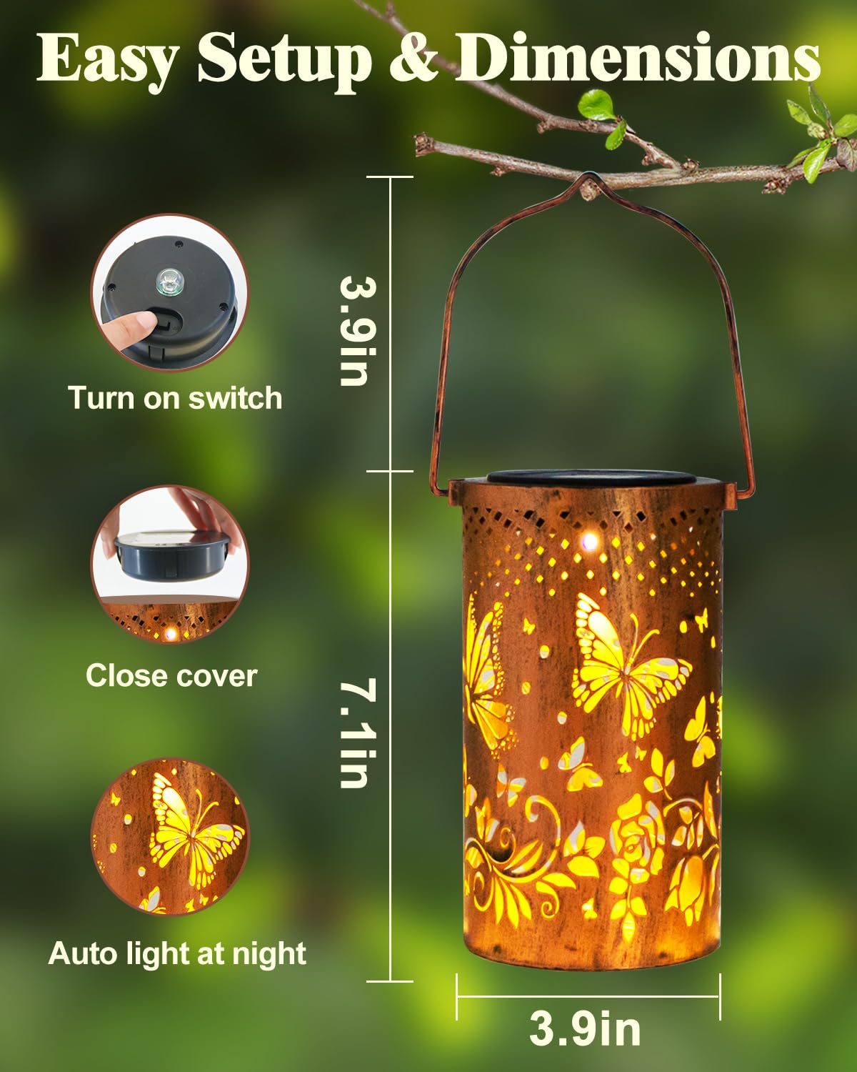 Paquete de 4 linternas solares colgantes para exteriores, 4 mariposas con decoración de metal, linterna LED impermeable para jardín