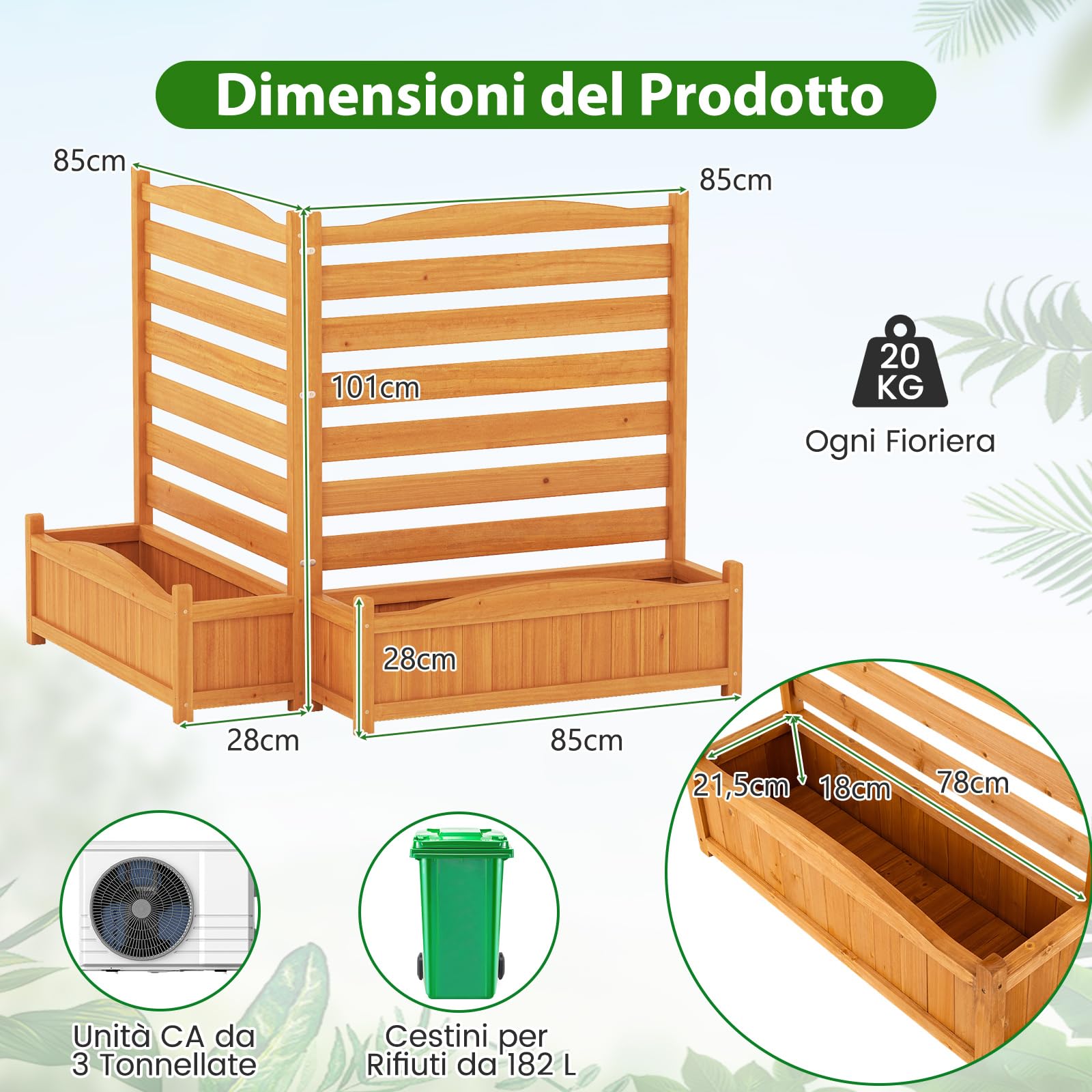 COSTWAY Fioriera Rialzata da Giardino con Traliccio, Letto da Giardino Rialzato in Legno con 2/3 Grigliati per Piante Rampicanti, Fori di Drenaggio e Base Rimovibile (2 Pannelli)
