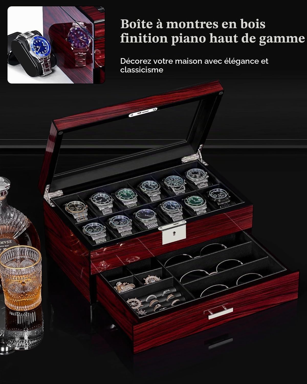 ANWBROAD Boîte à montres à 12 emplacements pour homme avec grand couvercle en verre à 2 niveaux - Organiseur de montre verrouillable - Support de montre luxueux JWB003Y
