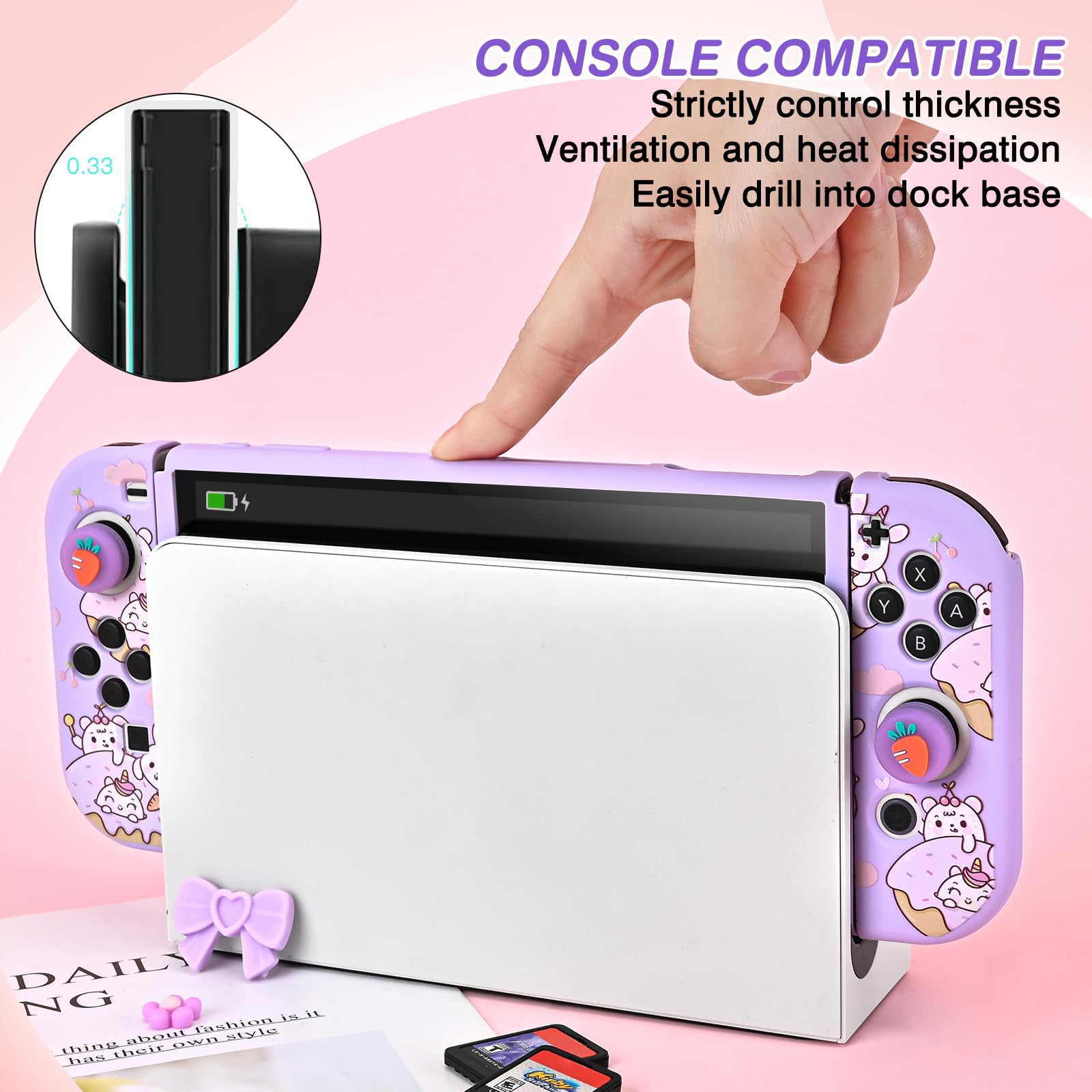 DLseego Custodia protettiva per Switch OLED, adorabile Cover Switch OLED in morbido silicone agganciabile con 2 Joycon cover e 2 Copri levette analogiche luminose,Viola