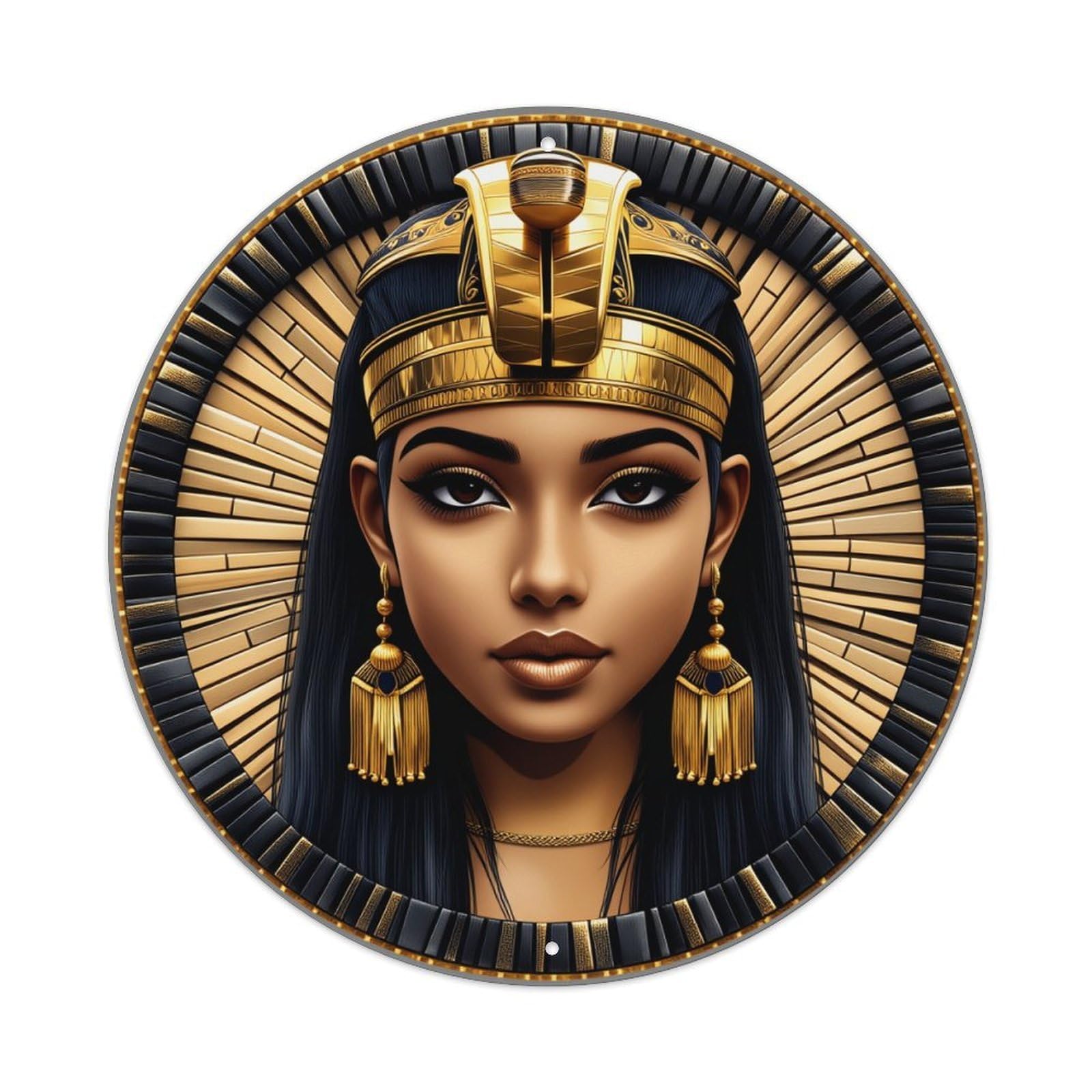 Egyptian Queen Golden Headdress Round Tin Sign Vintage Metal Poster, Home Bar Garage Man Cave Cafe Indoor & Outdoor Wall Decoration 8x8Inches
