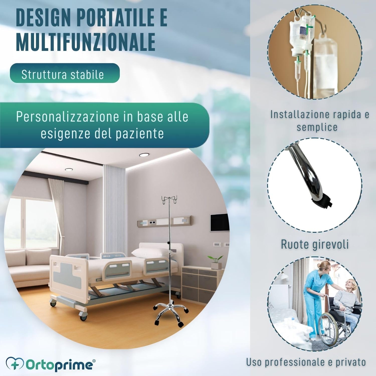 OrtoPrime Porta flebo regolabile in acciaio inox – Supporto per flebo con 4 ganci – Porta siero con ruote silenziose – Supporto flebo tripode portatile professionale per uso ospedaliero e domestico