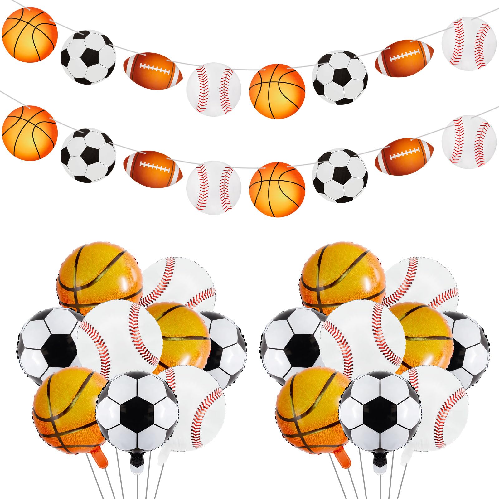 Sumind 10 Pieces Sports Birthday Party Decorations Sports Foil Balloon Set Include 8 Pcs 18 Inch Aluminum Balloons, 2 Pcs Garland Banners for Boy Baby Shower Birthday Themed Party