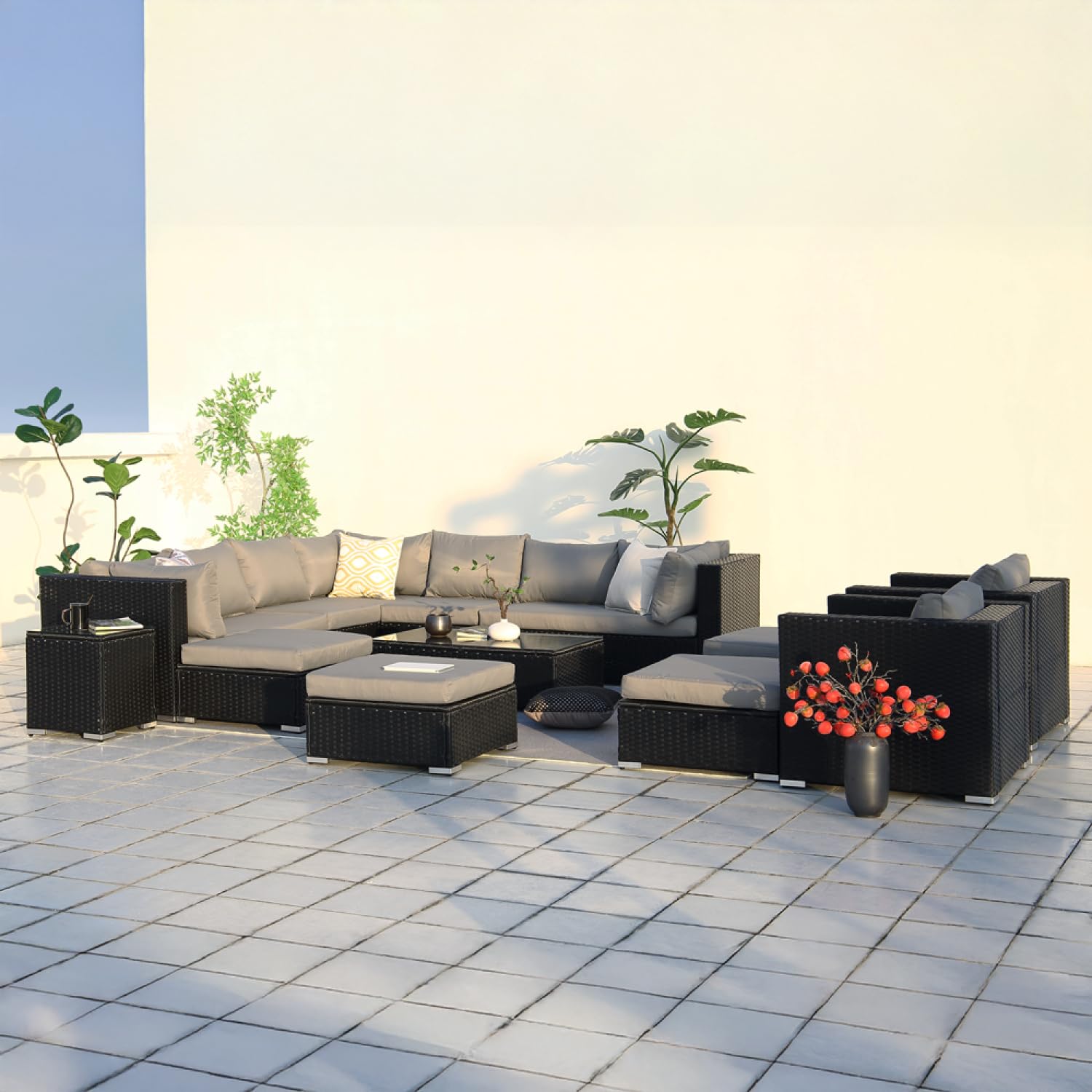 Salon De Jardin 4 Places ABACOS En Résine Tressée Gris - 2 Canapés + Coffre + Table Basse - Coussins Beige - Structure Acier