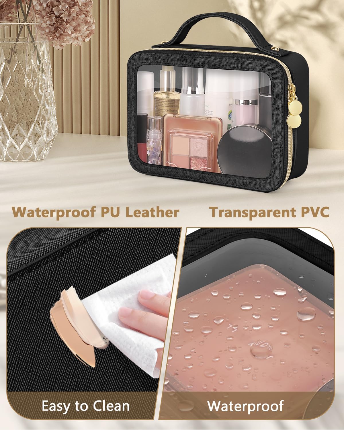 Clear Makeup Bag, Portable Travel Cosmetic Bags, Multipurpose Leather Toiletry Bag with Zipper, Waterproof Transparent Cosmetic Organizer for Women, Medium, Black - Image 6