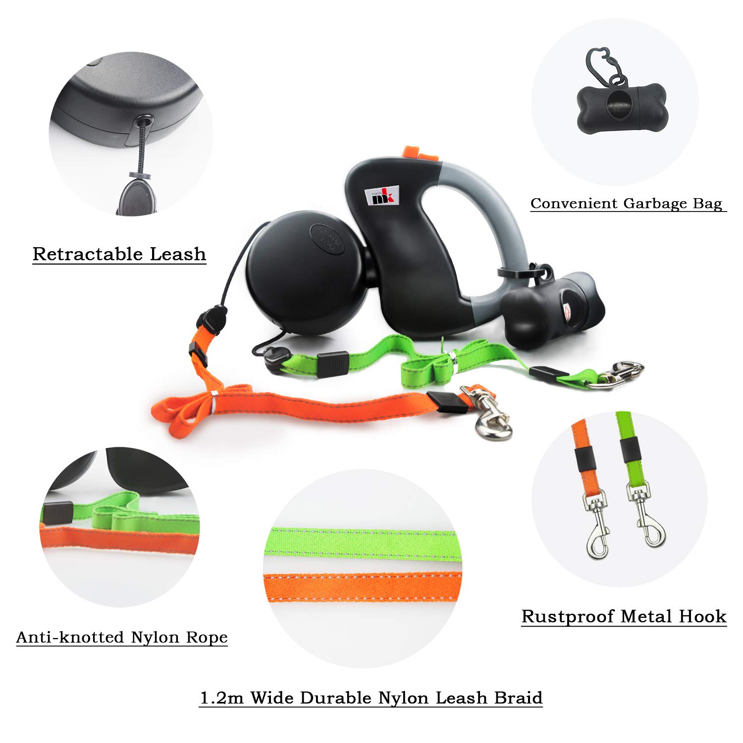 Doppelte Einziehbare Hundeleine Makife Dual Doggie Pet Leash Hundeleine Automatische Hund Versenkbar Leine, Einziehbare 3m Geeignet für Kleine und Mittelgroße Hunde Wandern Joggen 15pcs Hundekotbeutel