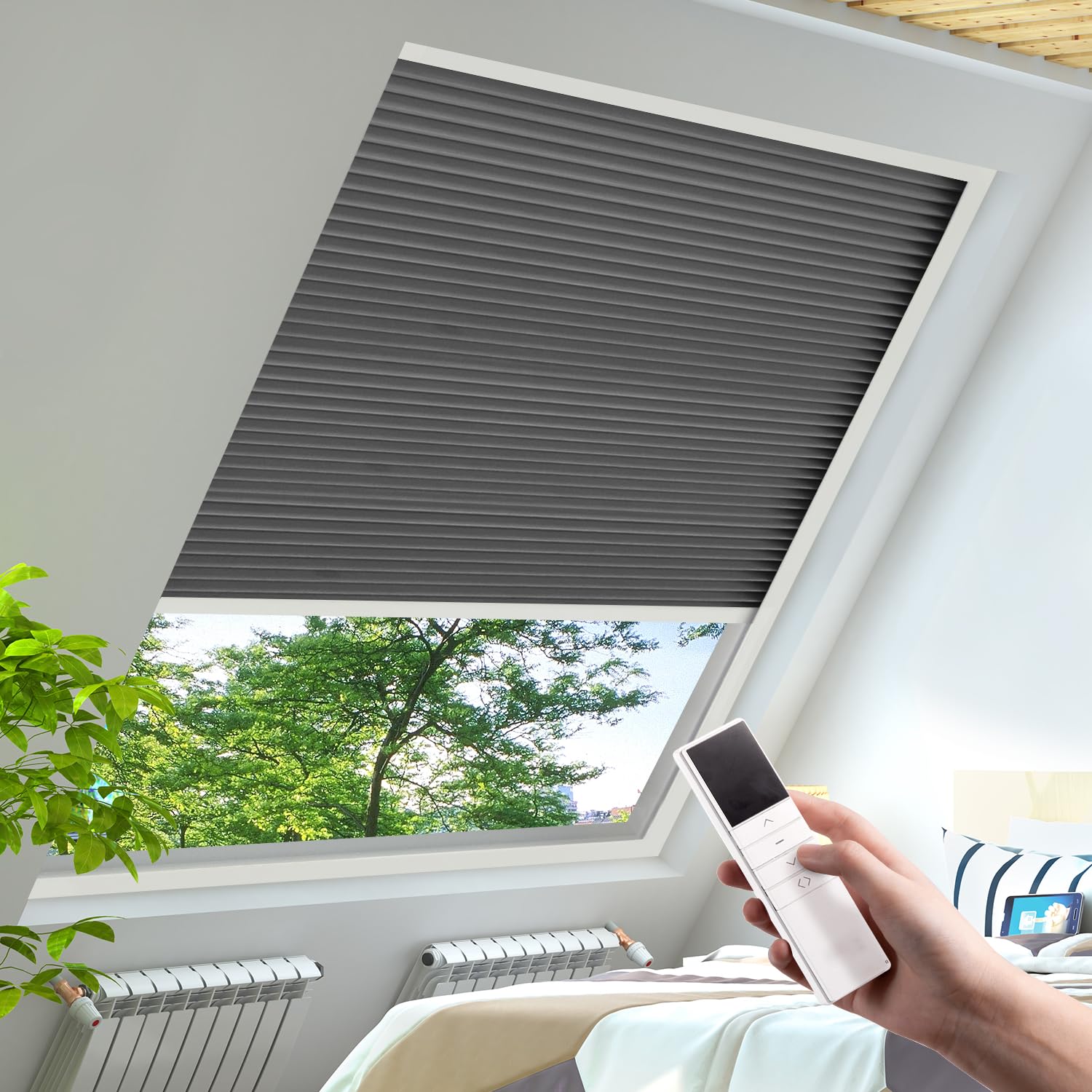 YESCENT Motorized Honeycomb Shades Cordless Over-size Customized Cellular Blinds Window Shades for Skylight Roof Inclined Plane Room Windows-grey(93021F)