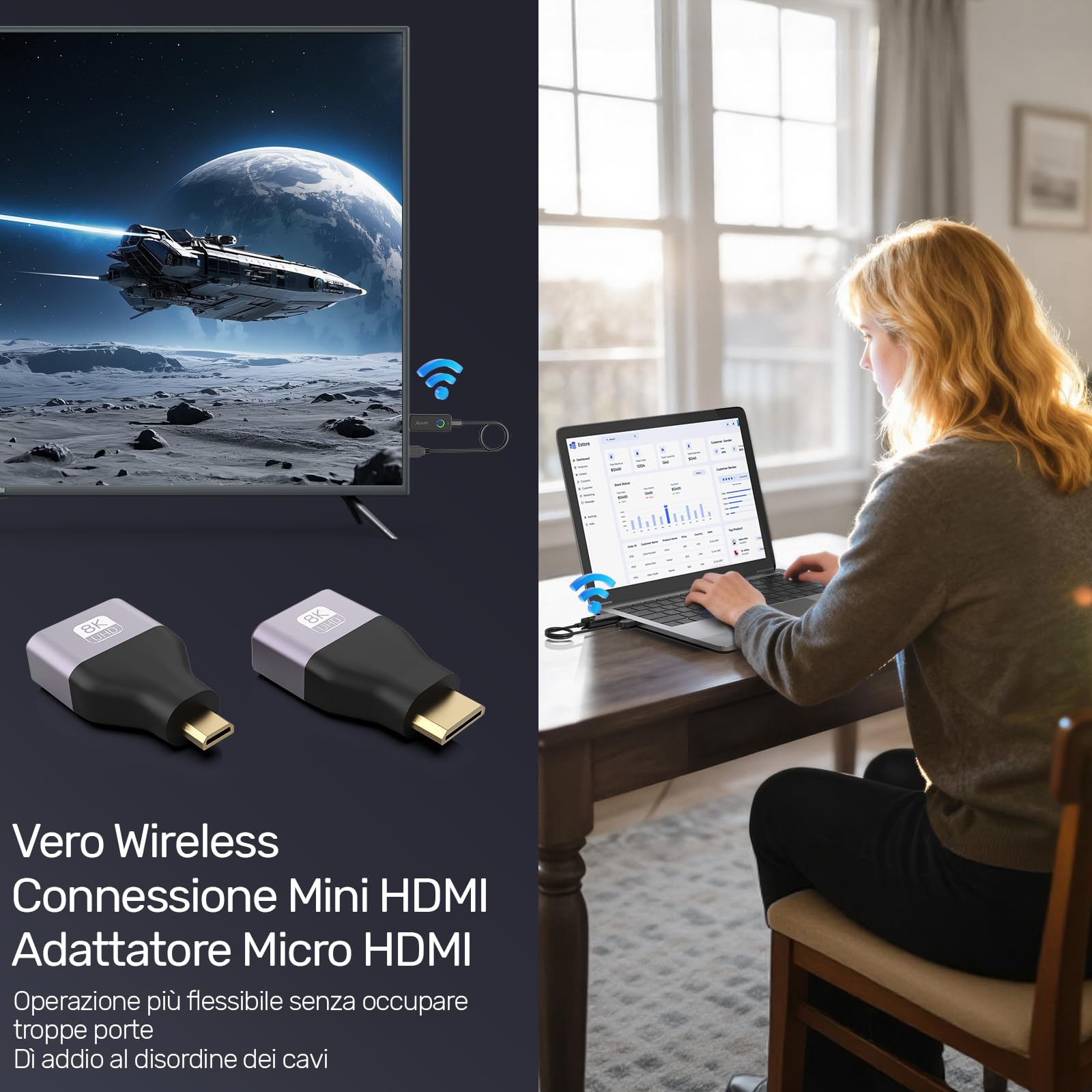 Alxum Trasmettitore e Ricevitore HDMI Wireless - Streaming Senza Fili 1080P@60Hz da PC/Computer Portatile a TV/Proiettore, Trasmissione di 50m, Plug & Play per Gaming e Riunioni di Business