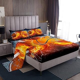 Erosebridal Football Sheet Set for Boys Kids Basketball Sheets Full Sports Bed Sheets Fire and Ice Fitted Sheet,Rugby Soccer Flat Sheet Girls Teens Ball Game Bedding Set Sport Theme Bedroom Decorâ€¦