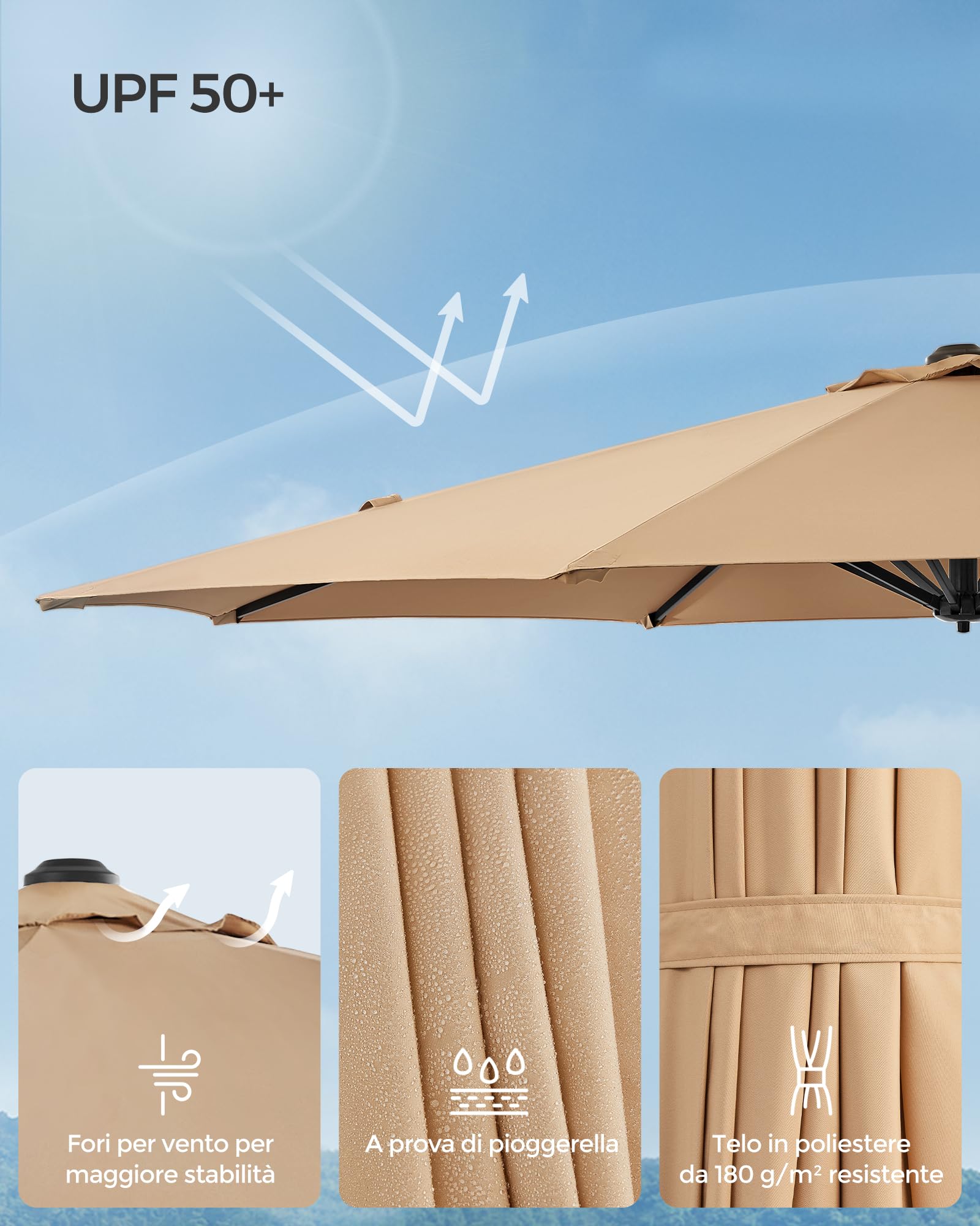 SONGMICS Ombrellone da Giardino 300 cm, UPF 50+, Girevole a 360°, Inclinazione Continua, Manovella per Apertura e Chiusura, con Base a Croce