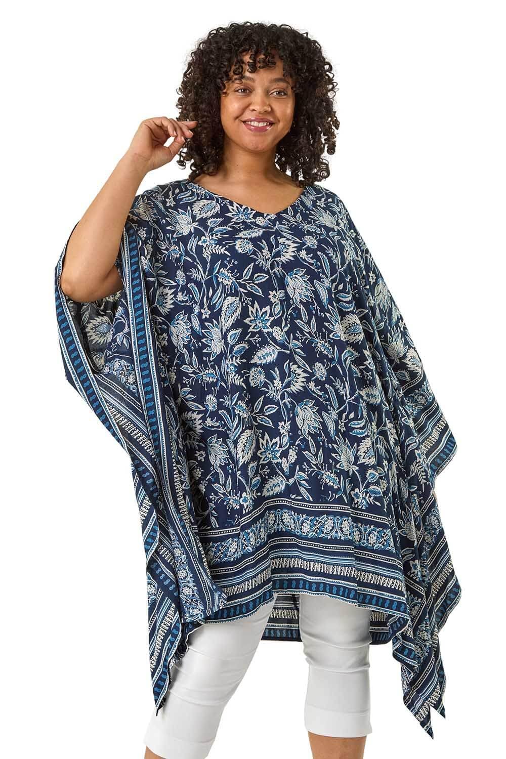 Roman Women's Navy Curve Floral Border Print Kaftan In | : 22/24
