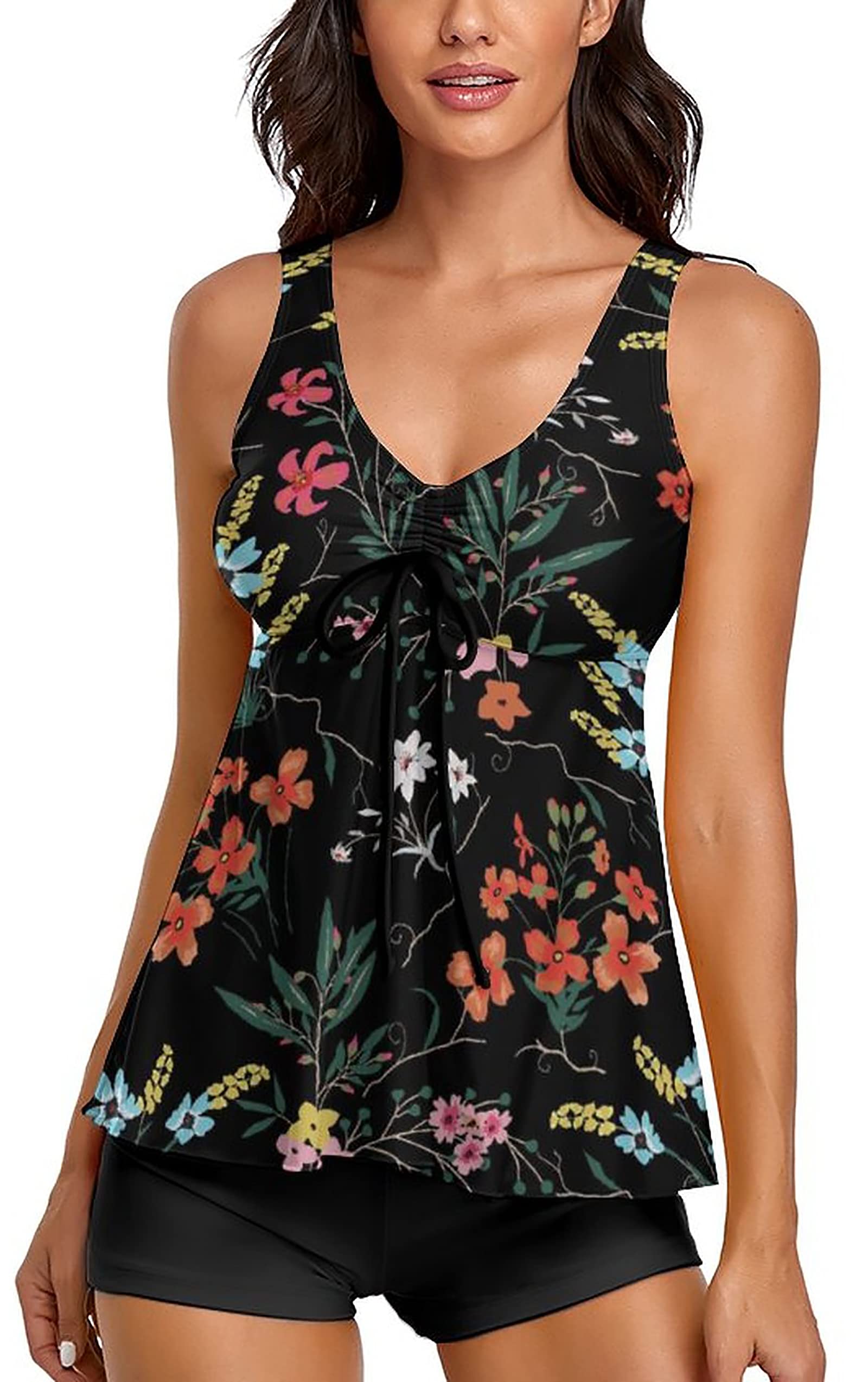 omichic Cute Floral Tankini Swimsuits for Women Vinatge 50s Tummy Control Two Piece Bathing Suits Tank Top with Boyshorts XX-Large-picture-43
