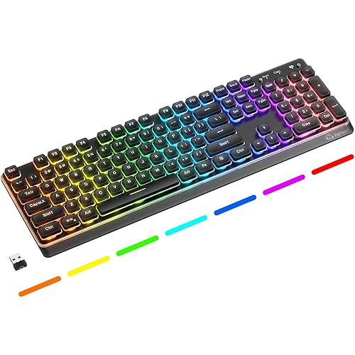 M104 Wireless Gaming Keyboard Wired/Bluetooth Mechanical Feel Light up Membrane Computer Keyboard with Numeric Keypad RGB Full Size Mental Panel 4000MAH Rechargeable Quiet for PC Gamer-Black