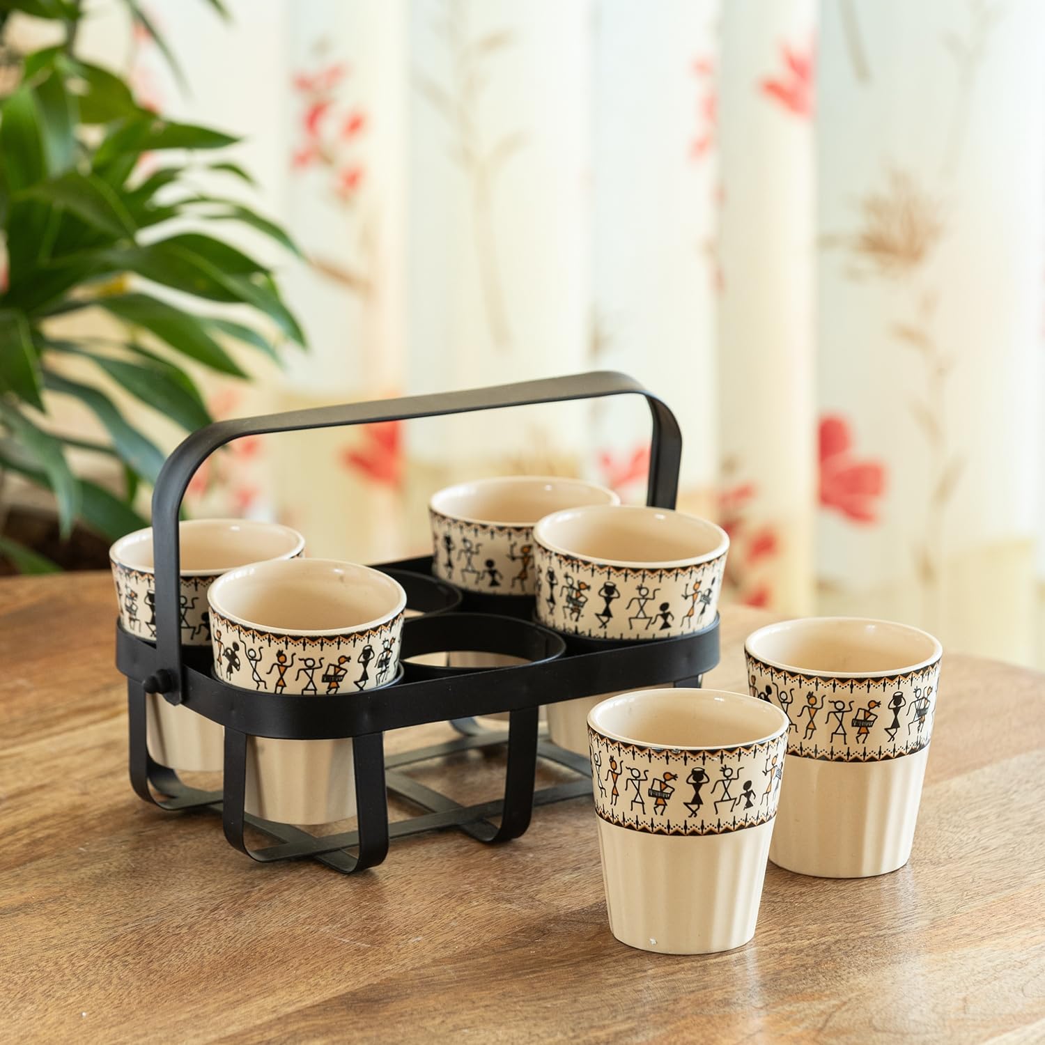 Warli Tales Ceramic Tea Glasses Set - 6 Glasses + Holder -1 Warli Tales Ceramic Tea Glasses Set - 6 Glasses + Holder -1
