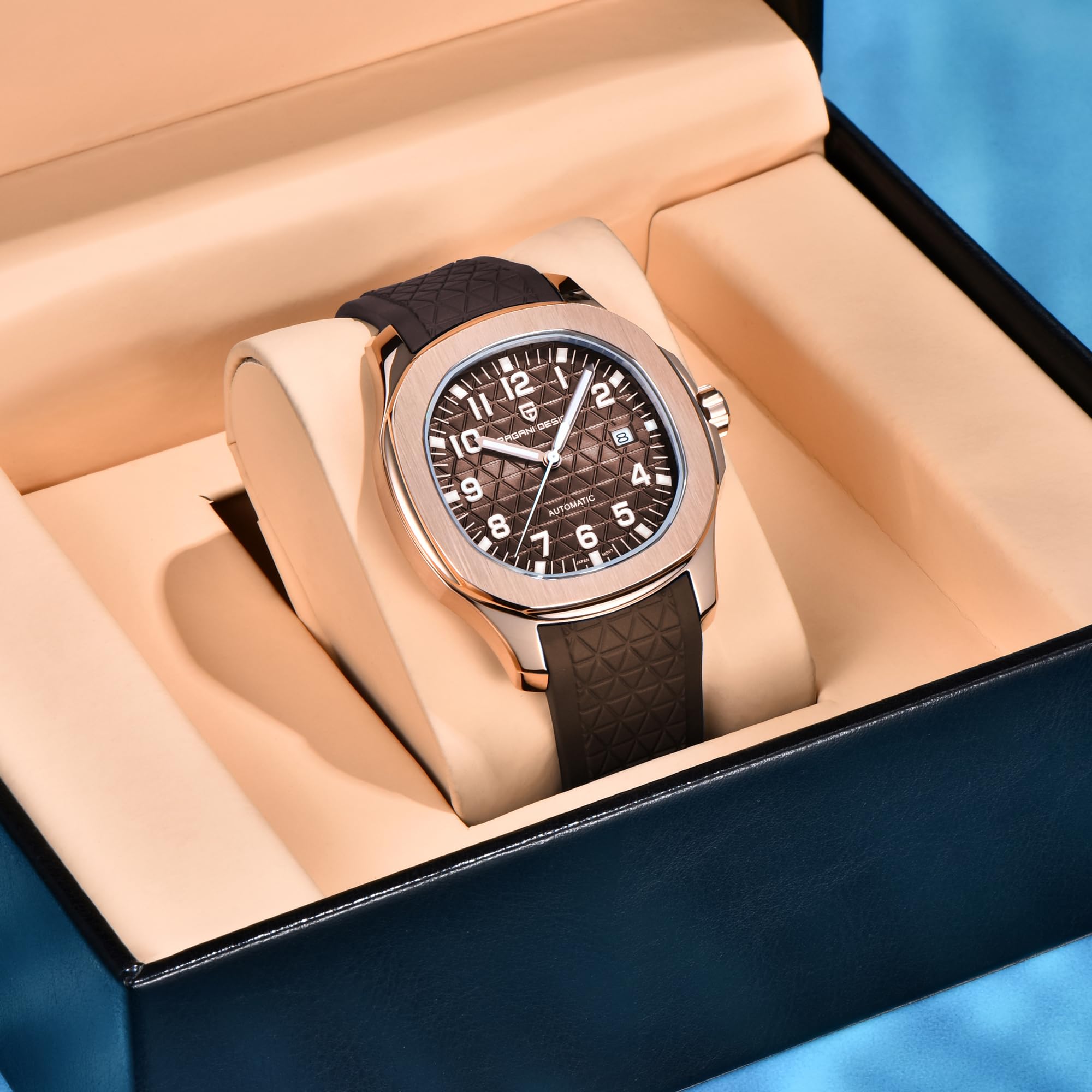 Pagani Design YS031 - Reloj automático de lujo para hombre, a cuadros, FKM, correa de caucho fluorado, cristal de zafiro, movimiento 8215, resistente al agua, 100 m, caja de acero inoxidable, hebilla
