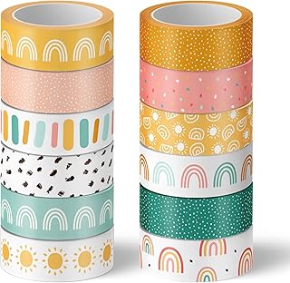 Whaline 12 Roll Boho Theme Washi Tapes Boho Style Rainbow Sun Pattern Washi Masking Tapes Colorful Decorative Paper Adhesive Stickers for Scrapbook Bullet Journal DIY Art Craft Gift Wrapping, 16.4Ft