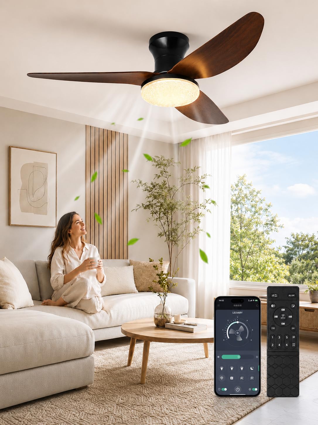 Deckenventilator mit Beleuchtung Leise, Kristalloptik, 100 cm, Reversibler DC-Motor, Dimmbare LED-Lampe mit Ventilator, App und Fernbedienung, 6 Gang, Timer, für Schlaf- und Wohnzimmer