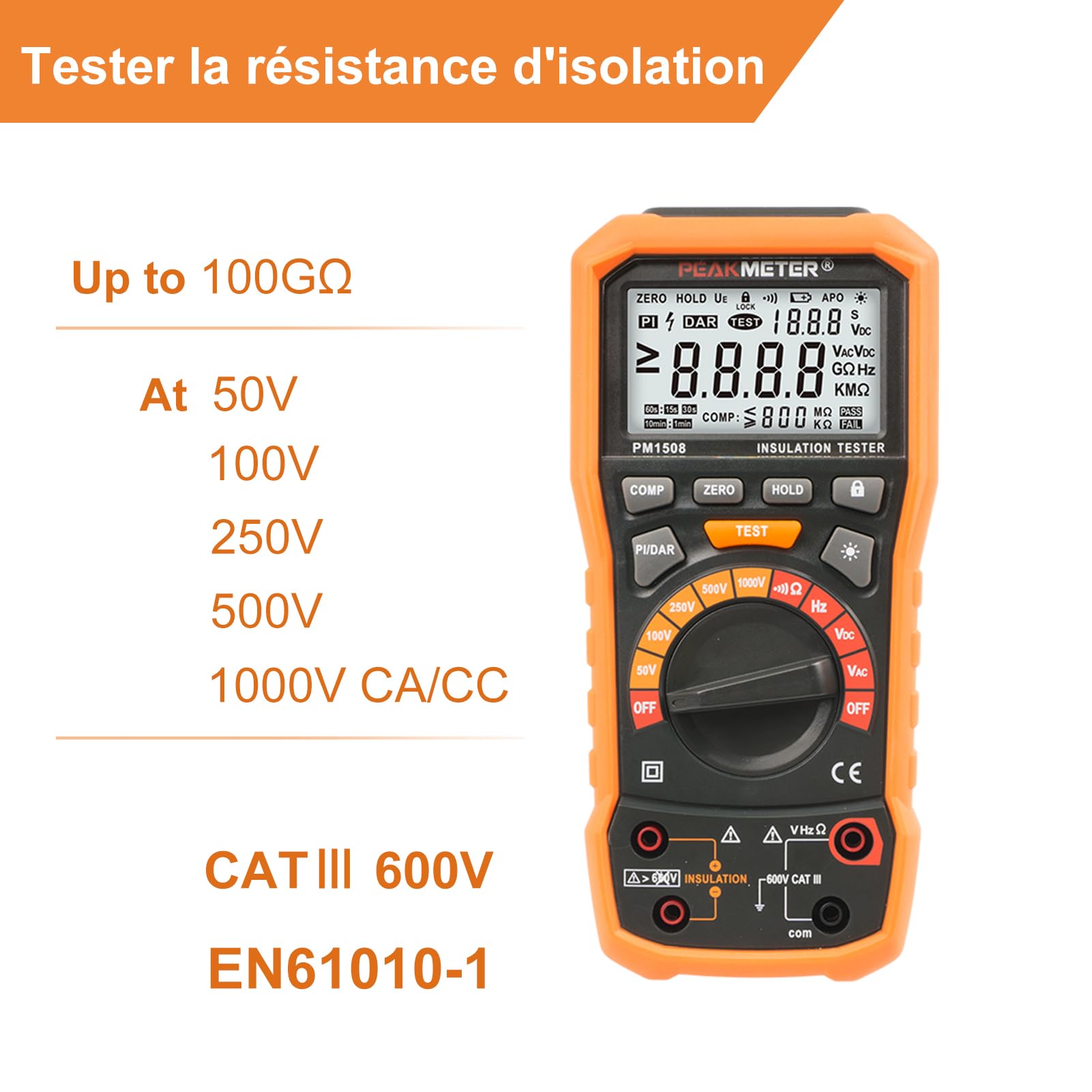 Testeur de résistance d'isolation megohmmètre numérique 1000v AC/DC appareils électriques et résistance d'isolation jusqu'à 100gΩ PI/DAR, test de fréquence et de basse tension