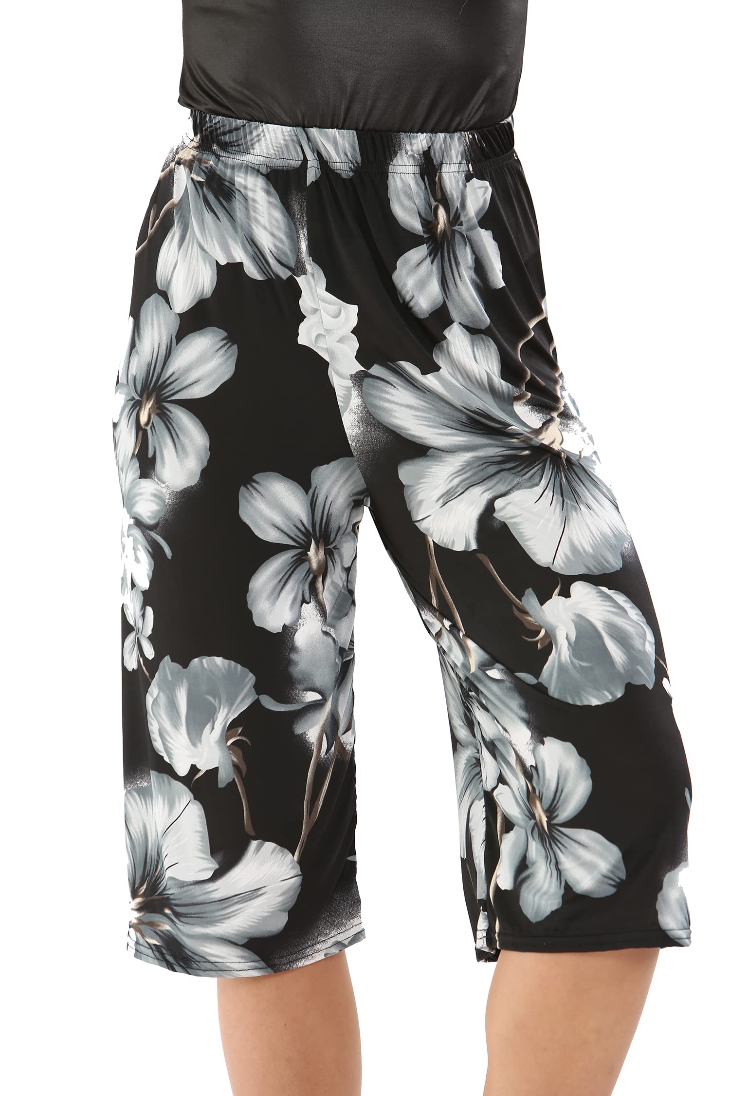 Purple Hanger Women's Grey Floral Plus Size Cropped Plain Elasticated Waist Stretch Mini Culottes Shorts (As8, Numeric, Numeric_16, Numeric_18, Regular, Regular, )