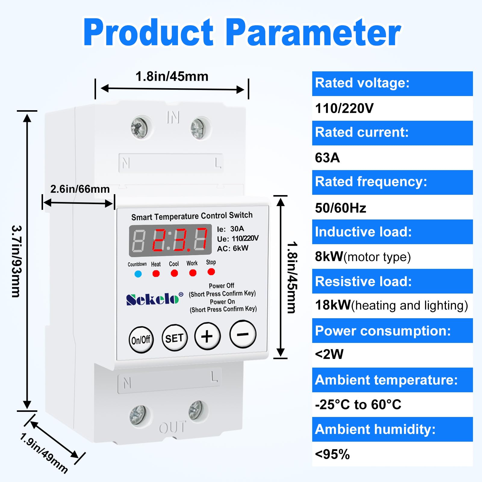 Interruttore di controllo della temperatura ad alta potenza, termostato digitale montato su rotaia con display LCD in tempo reale per riscaldamento e raffreddamento, 63 A 110/220 V, da -40 °C a 140 °C