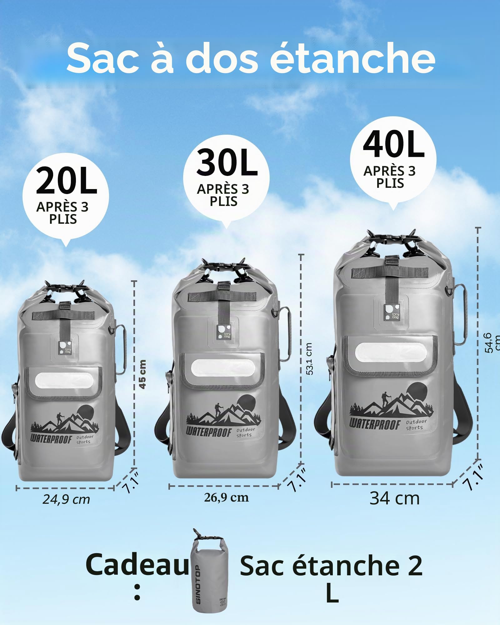 IDRYBAG Sac à dos flottant étanche 20/30/40l, forme kayak