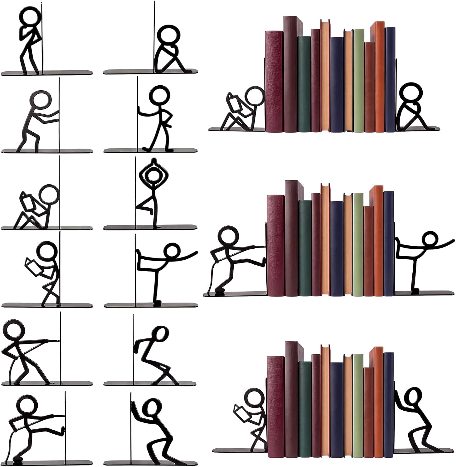6 Pairs Metal Bookends Funny Decorative Bookends for Shelves