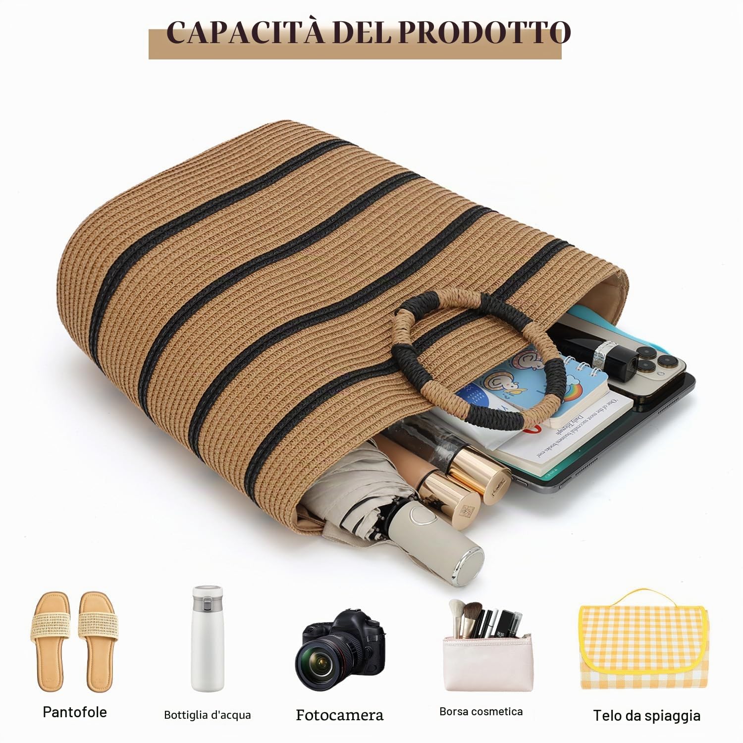 EVEOUT Borsa Tote in paglia per Donna Borsa a Cesto da Spiaggia Intrecciata Estiva Borsa a mano in Rafia a Righe per Vacanze Viaggio
