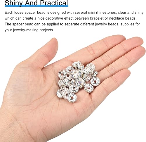 Miniatura 4 de uxcell 100 cuentas espaciadoras Rondelle de 0.472 pulgadas chapadas en plata, cuentas espaciadoras blancas AB con diamantes de imitación blancos,