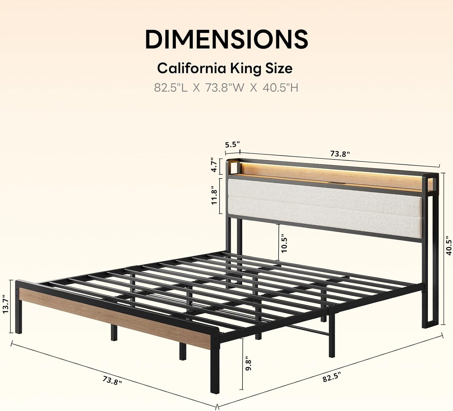 LIKIMIO California King Bed Frame with Storage Headboard and LED Lights, Metal Platform Bed with Charging Station, Noise Free, No Box Spring Needed, Under Bed Storage, Natural and Cream