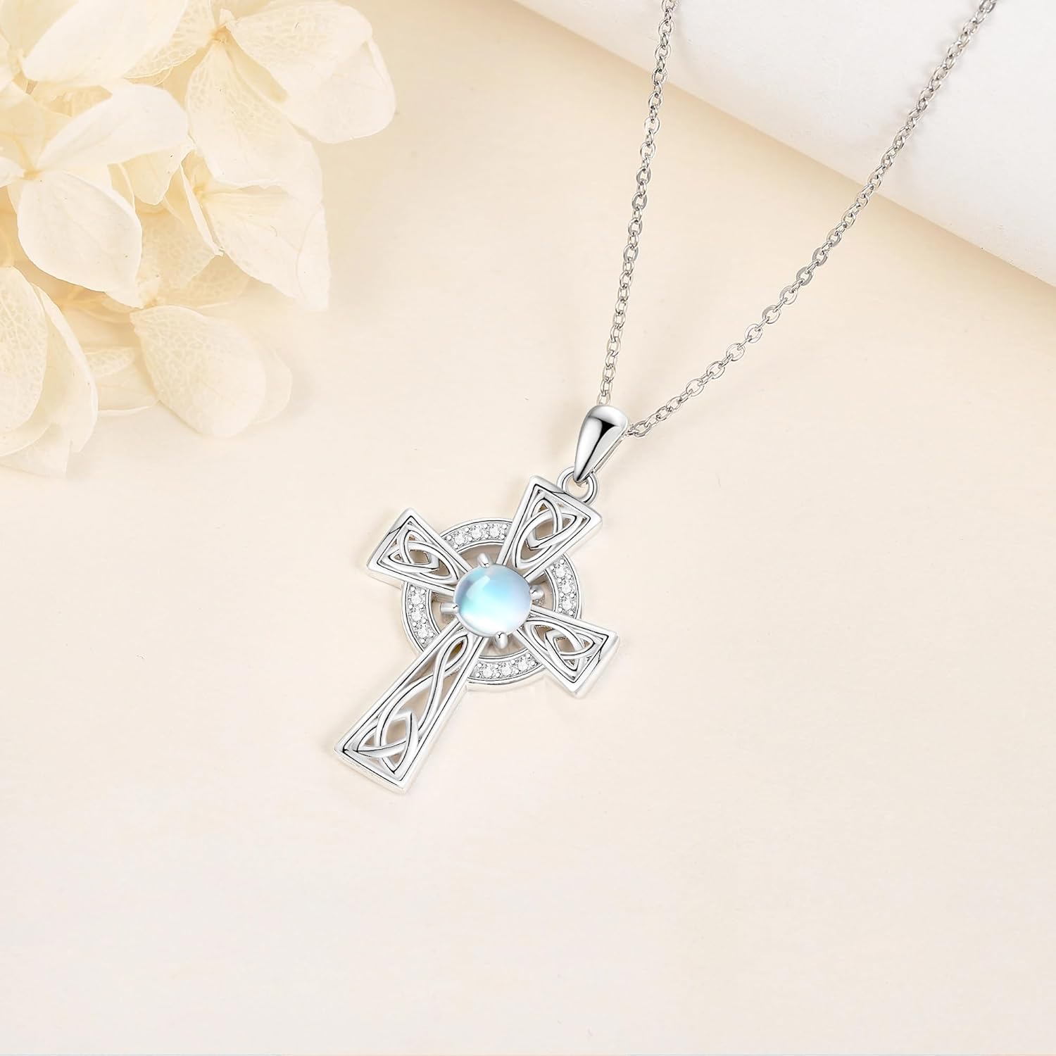 Celtic Cross Necklace 925 Sterling Silver Moonstone Celtic Knot Pendant Necklace Irish Celtic Jewelry Birthday Gifts for Women Mother - Image 3