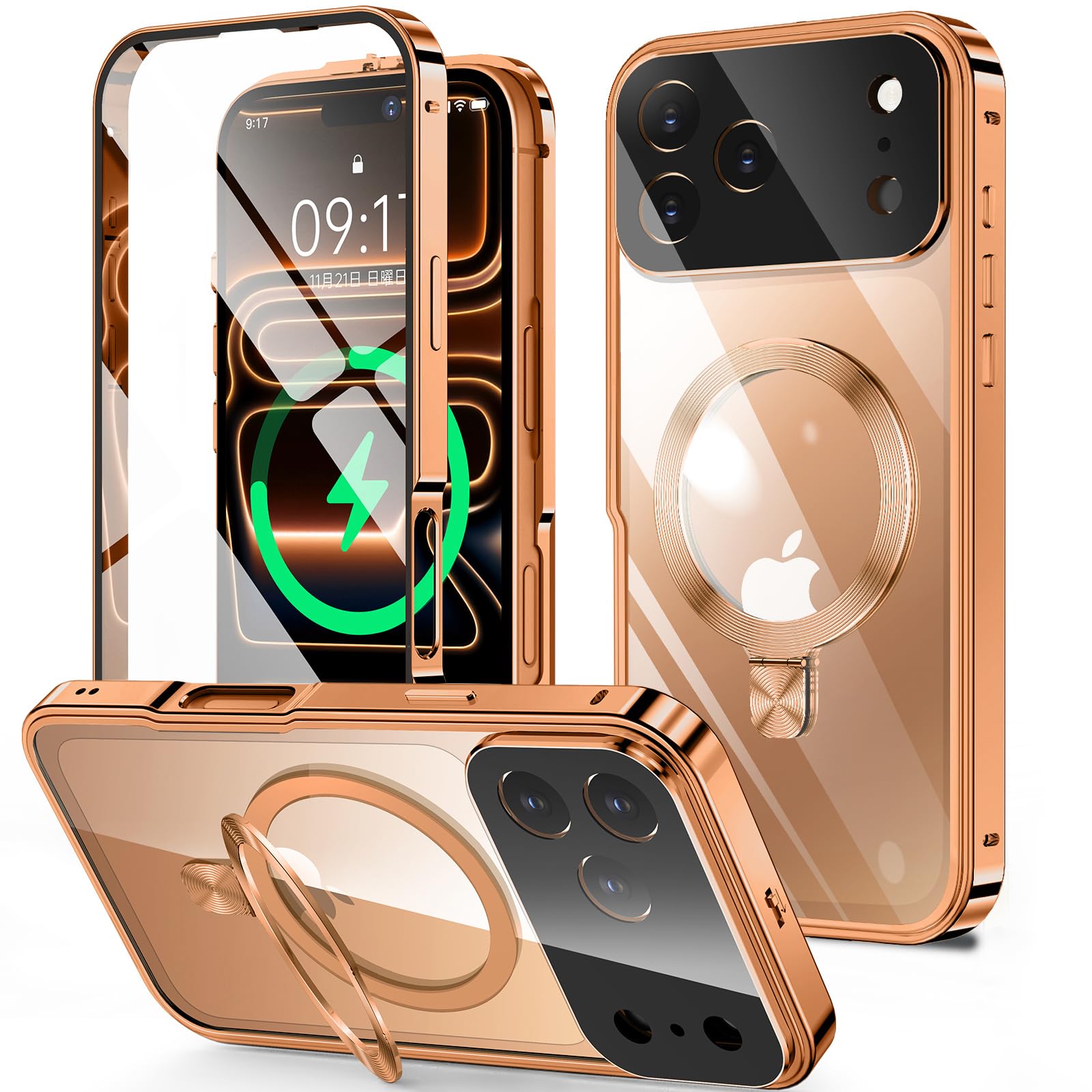 HGUTREY【スタンド機能付き・アクションボタン】 iPhone17 Pro 用 ケース クリア 【ロック付き】【CDリング・MagSafe対応】 9H強化ガラス PC背面 一体型レンズ保護 アイフォン17プロ カバー 両面 ストラップホール付き アルミバンパー メタルフレーム 耐衝撃 高感度タッチ ワイヤレス充電対応 アイホン17 Pro 用 ケース 6.3インチ（オレンジ）